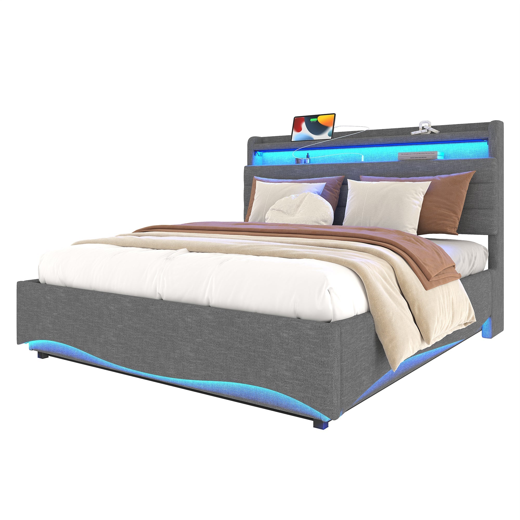 Upholstered Bed with LED Lighting, Hydraulic Storage and USB Ports, Grey Linen Fabric