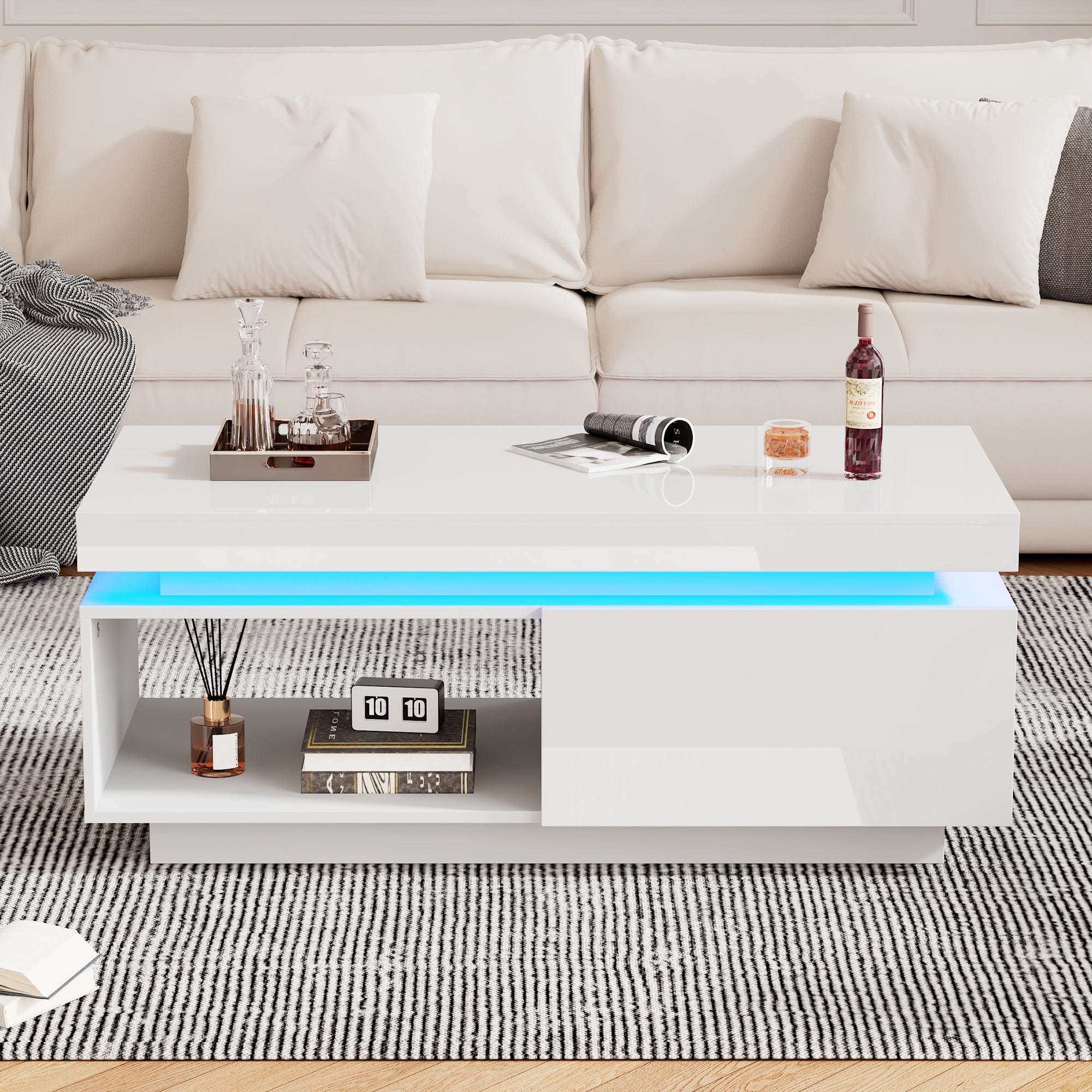 Modern high-gloss coffee table with LED lighting and drawer, 50 kg capacity