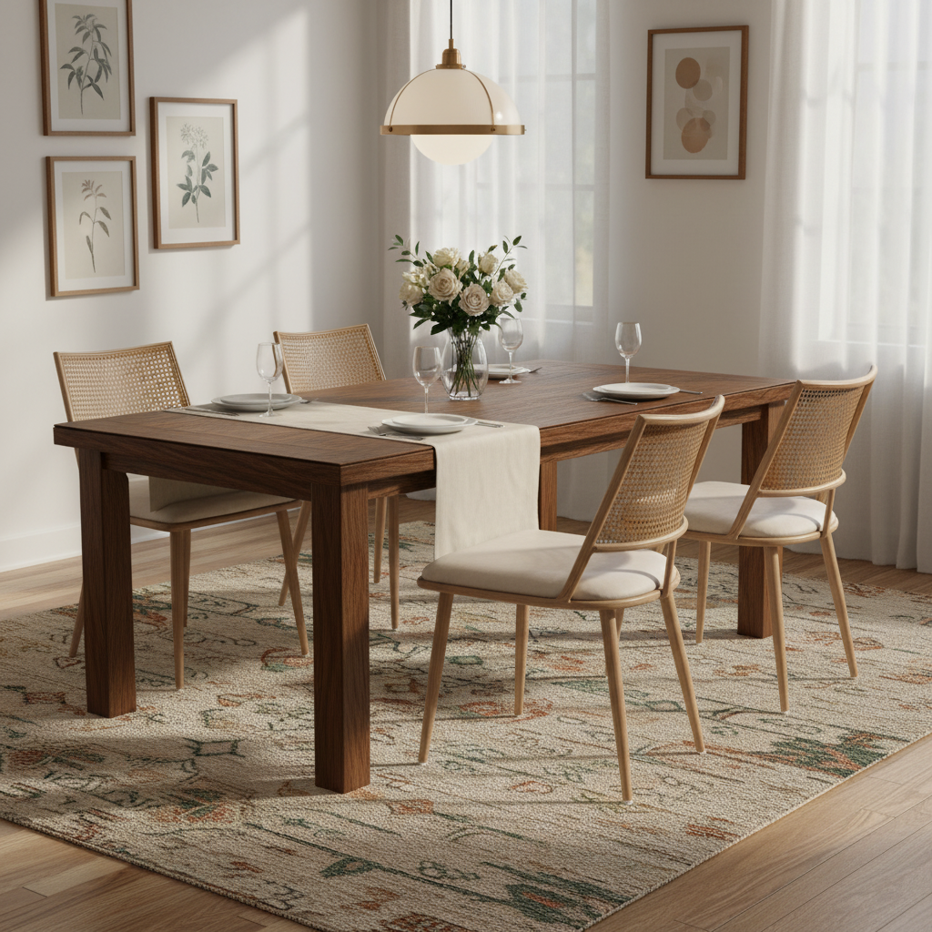 Set of 4 Bamboo Kitchen Chairs, PU Seat Rattan Backrest Armchair, Beige