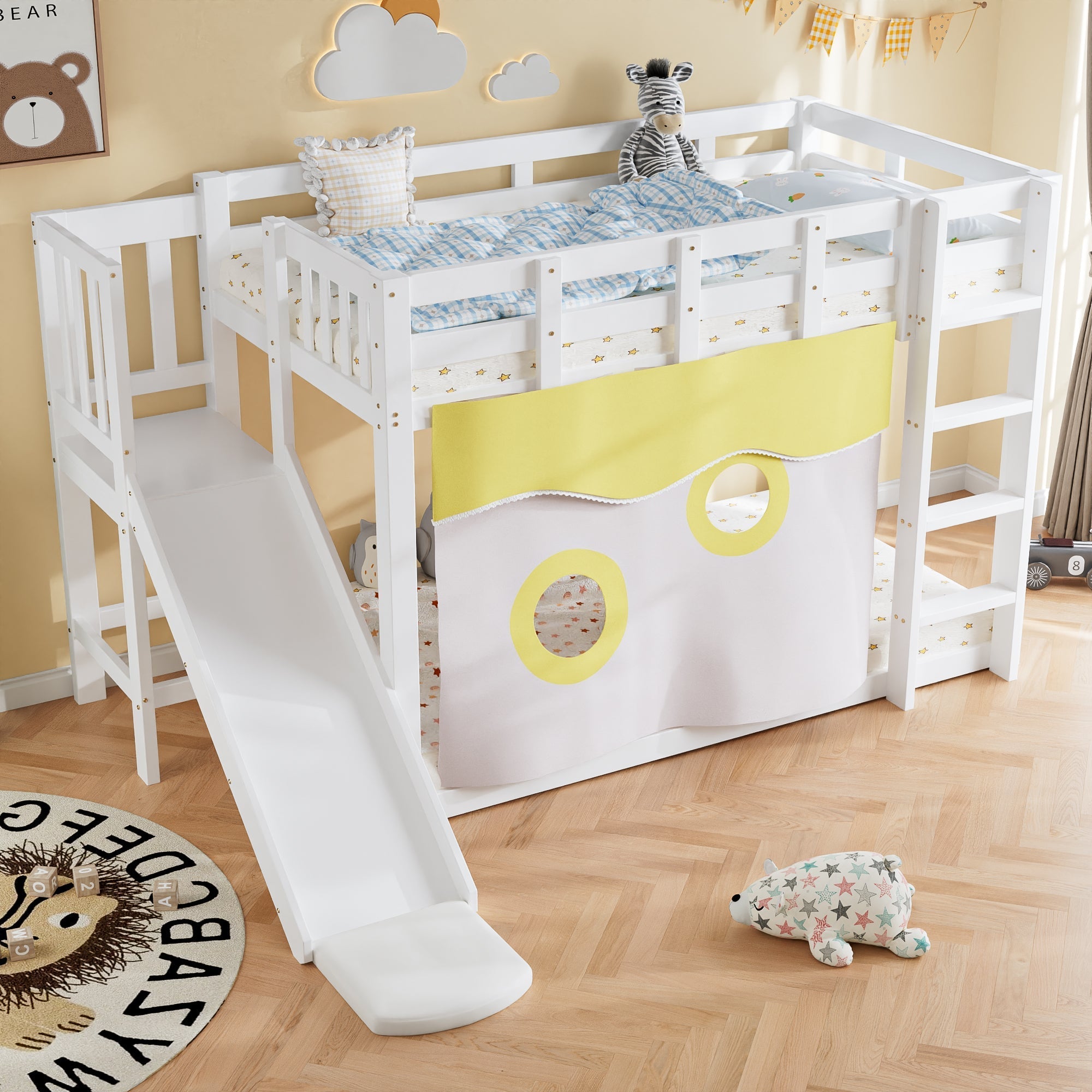 Bunk Bed 90x200cm with Stairs Slide and Curtain - White MDF/Pine