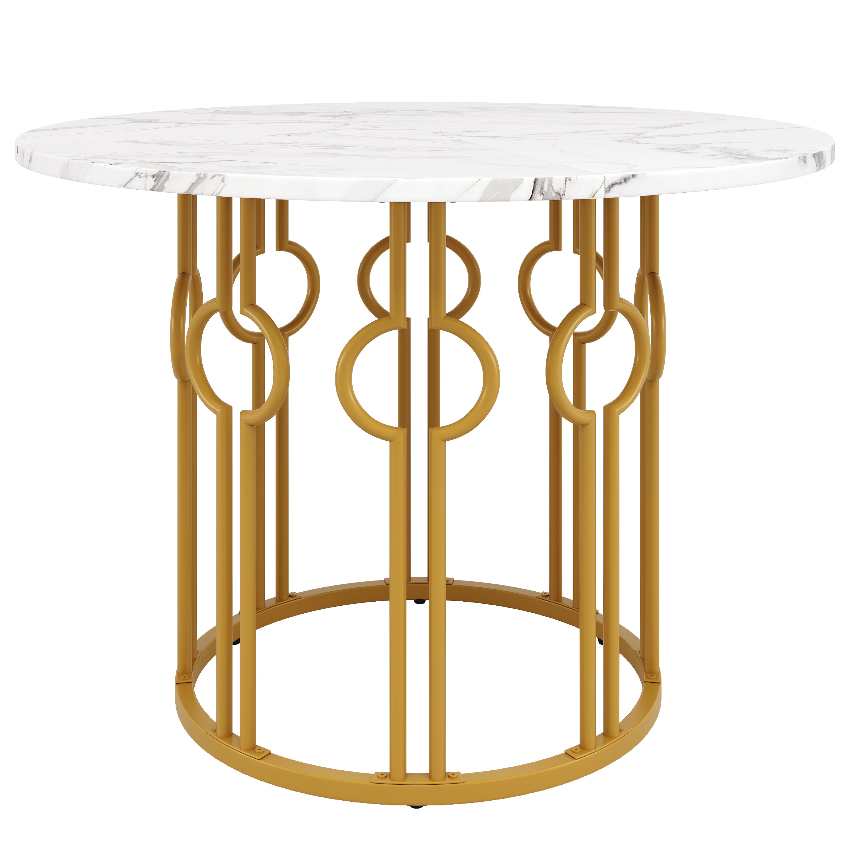 Runder Esstisch, 100x100x76cm, Couchtisch für 4, Marmorierte MDF-Platte, goldene Metallbeine