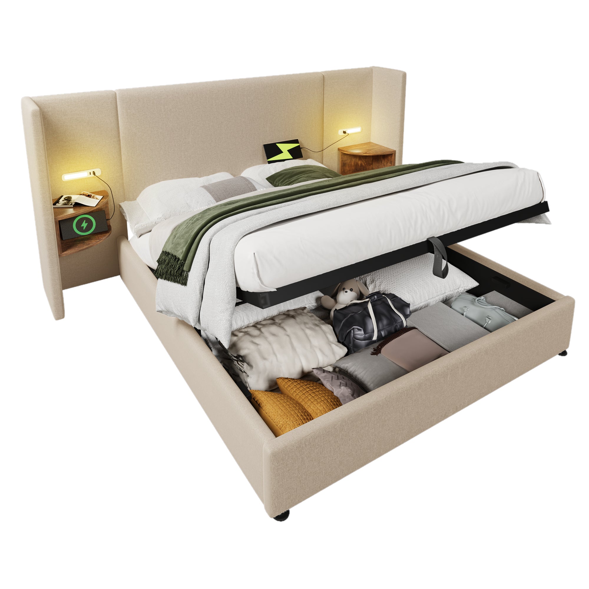 Upholstered Double Bed, 160x200, with Bedside Table, Reading Lamp & USB-C Charging, Beige Linen