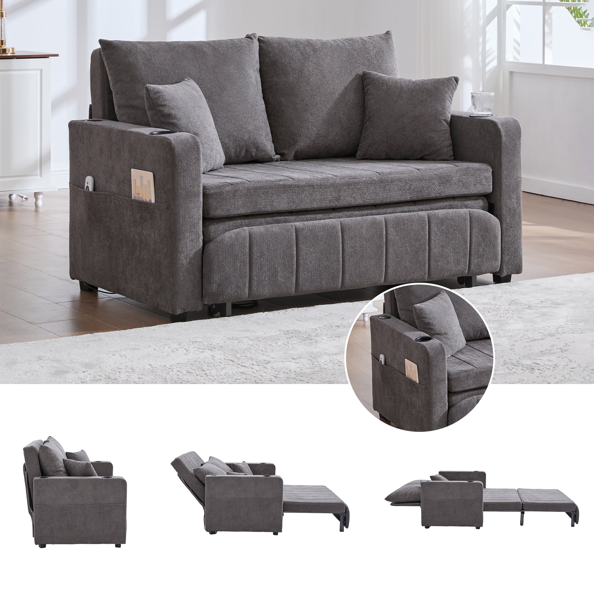 Chair, Multifunctional Folding Pull-Out Sofa with Storage, USB Charging, Cup Holder, Fabric