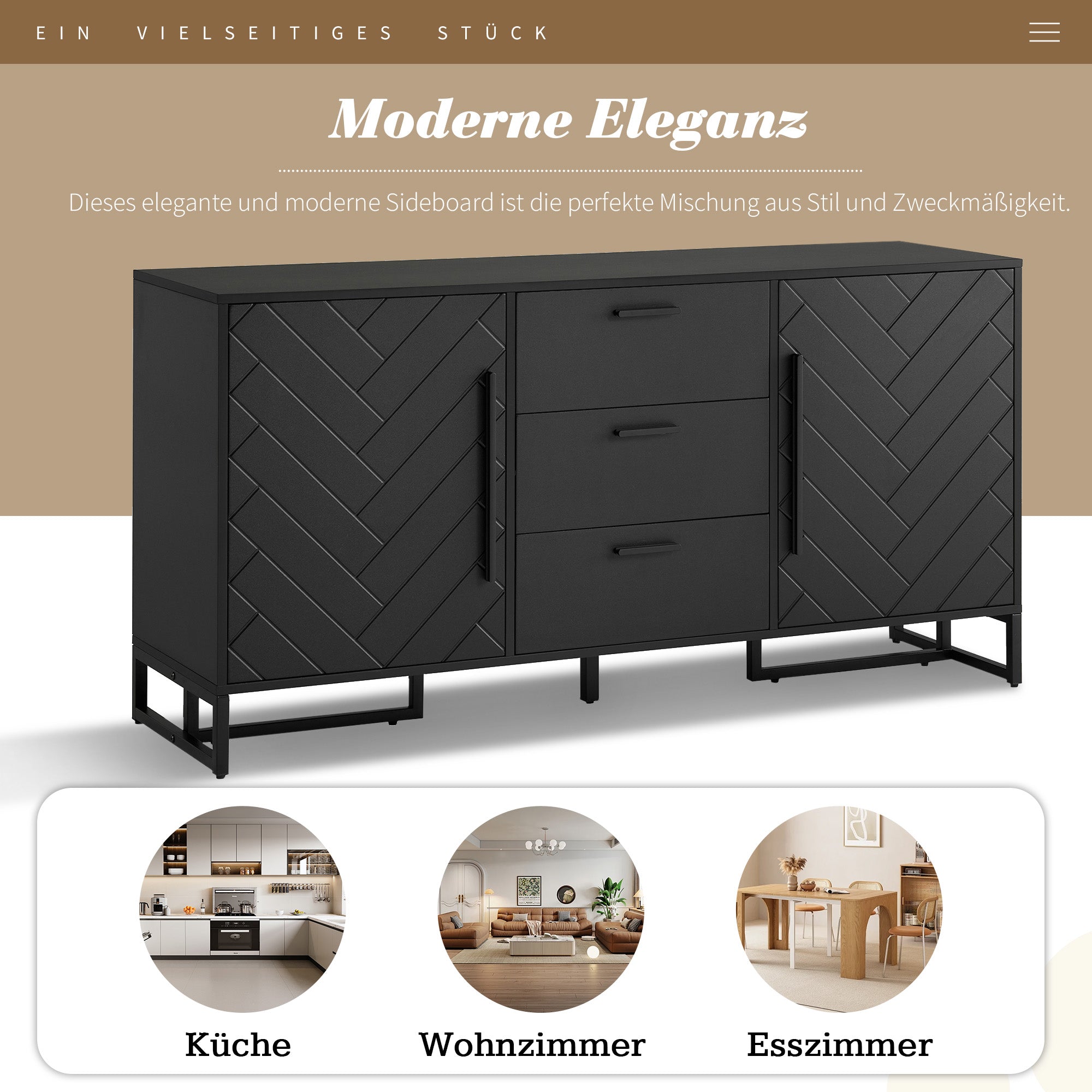 Sideboard Herringbone Pattern 2 Doors 3 Drawers Black