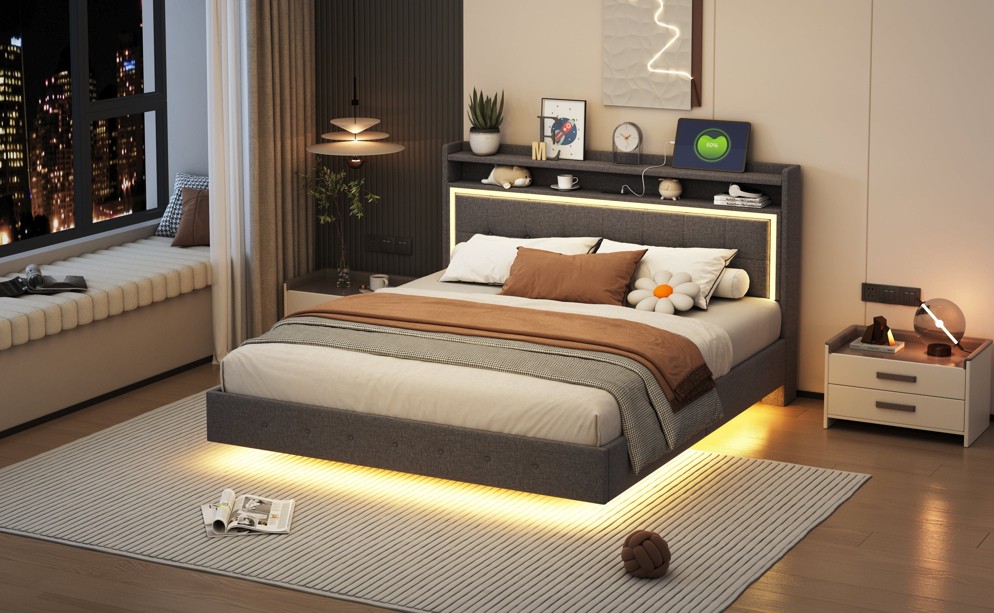Upholstered Bed, 160x200 USB & LED, Linen Fabric Gray