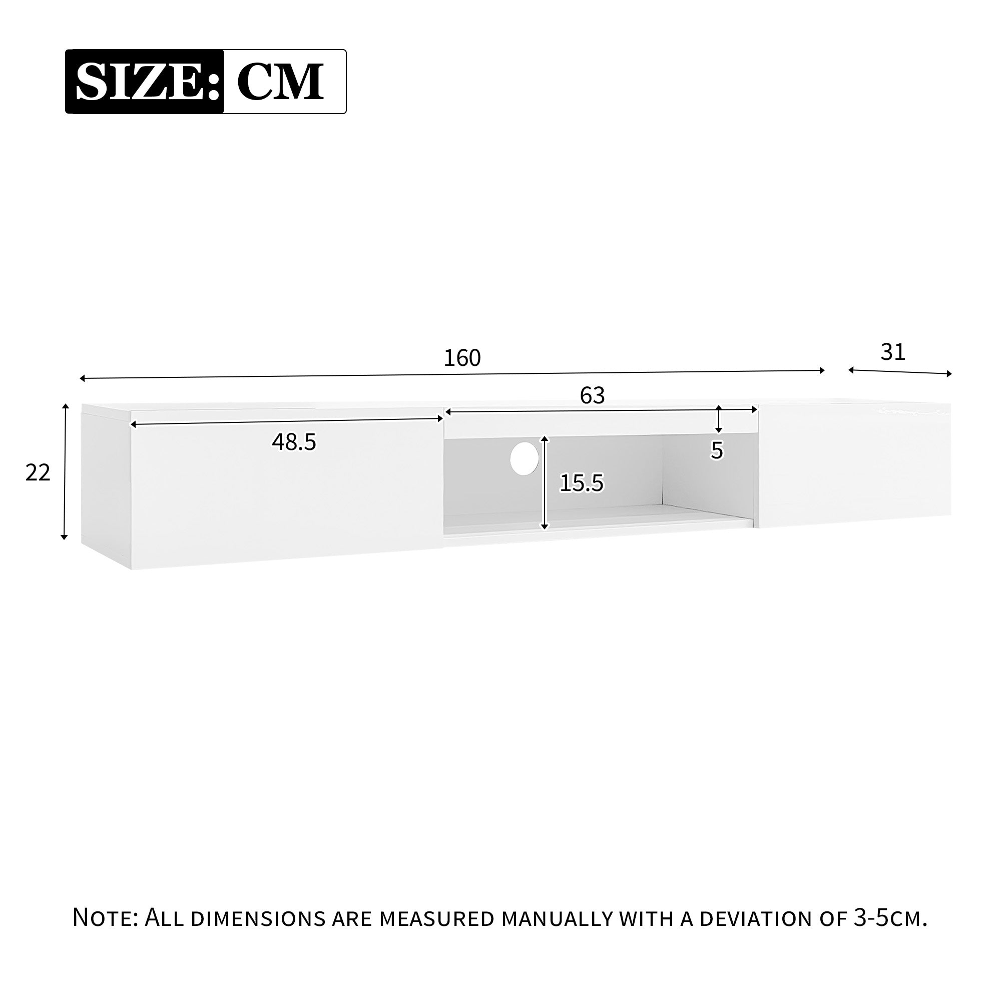 Wall Cabinet, 160x31x22cm for 70-inch TV, 30kg load, LED lighting, Bluetooth APP, high-gloss white