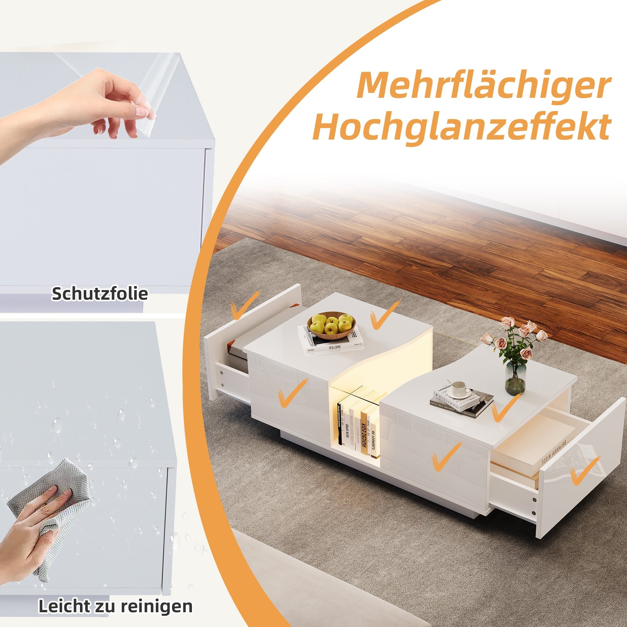 Modern LED Coffee Table, 2 Drawers 100x50x35cm, White High-Gloss MDF