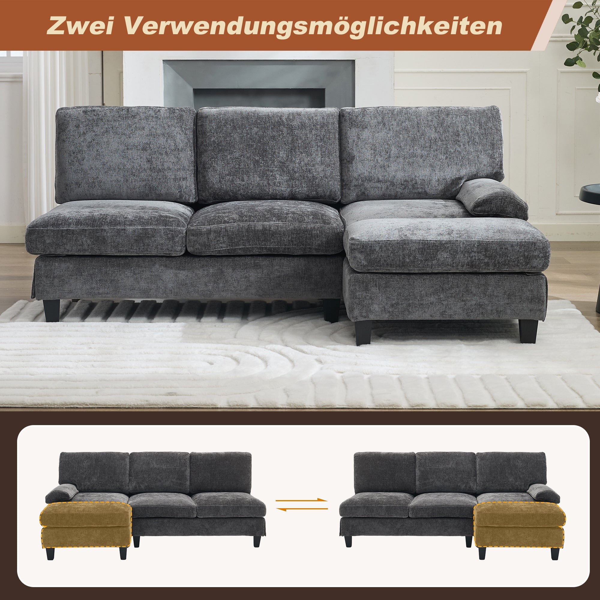 Upholstered L-Shaped Sleeper Sofa 3-Seater Corner 194x118x81cm - Grey