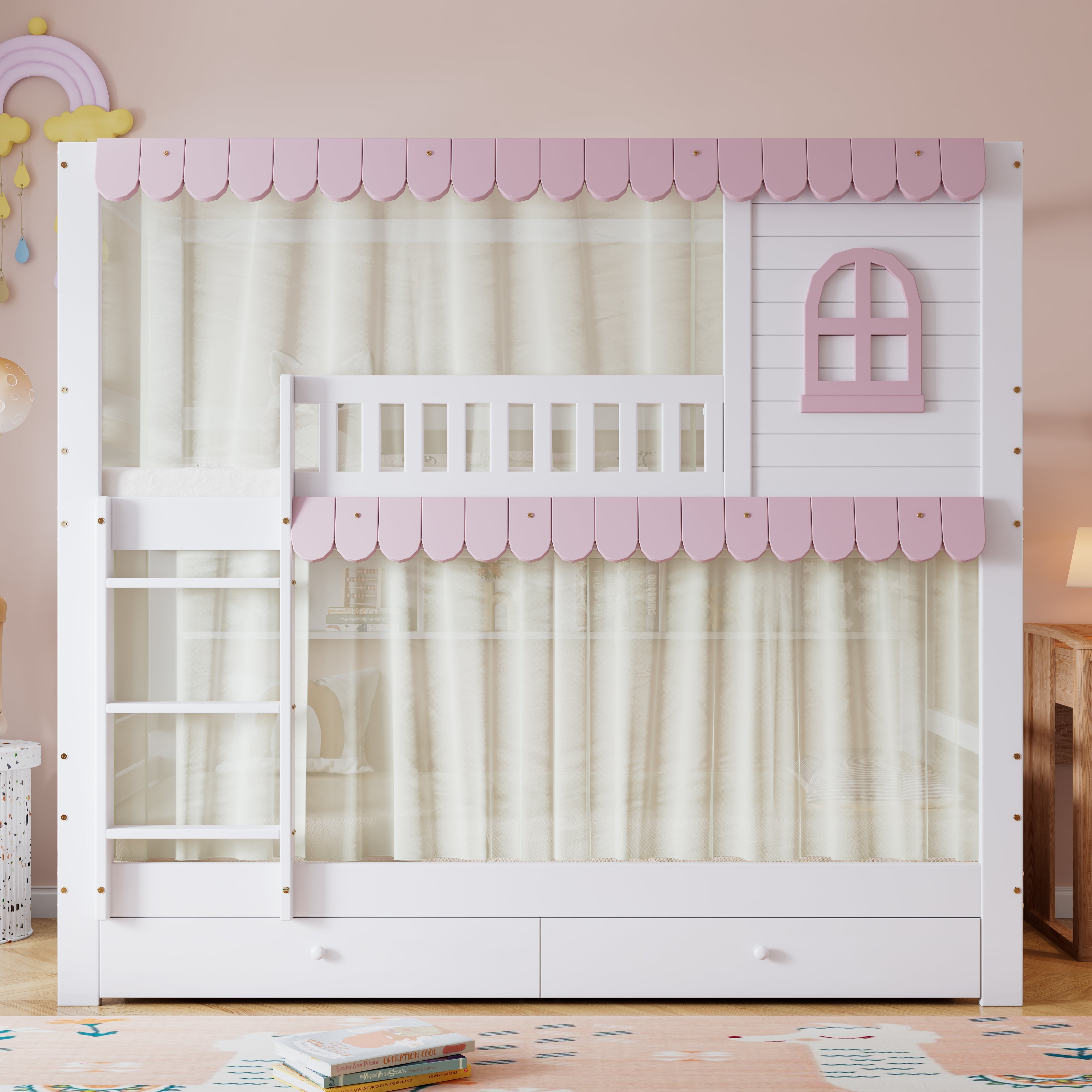 Bunk Bed, Children's with Windows, Curtains, Safety Gate & Storage, Pine + MDF, White + Pink