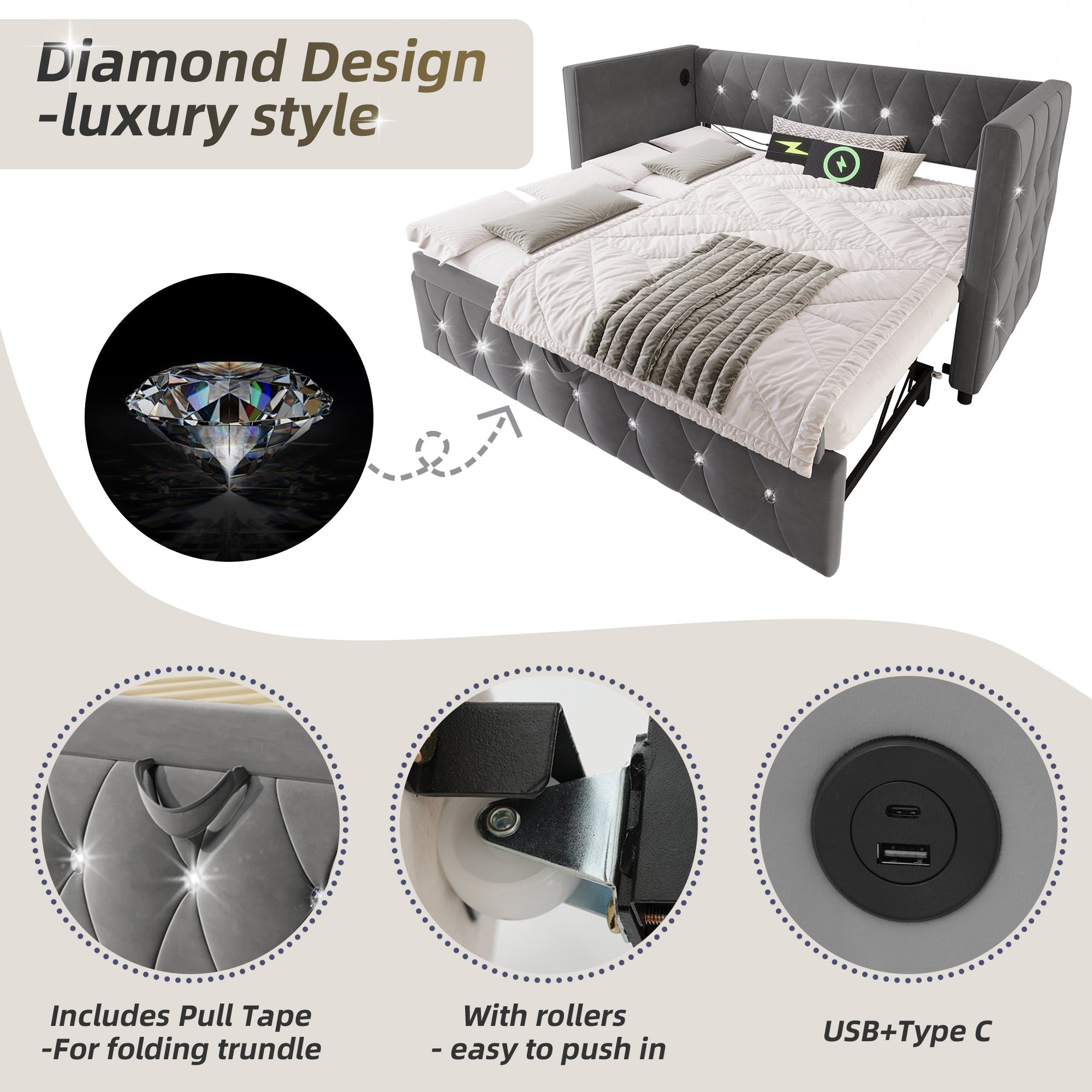 Daybed Single Upholstered Sofa Bed with USB & Type C Charging Station, 3FT 90 x 190 cm with Pull Out Trundle, Velvet Grey