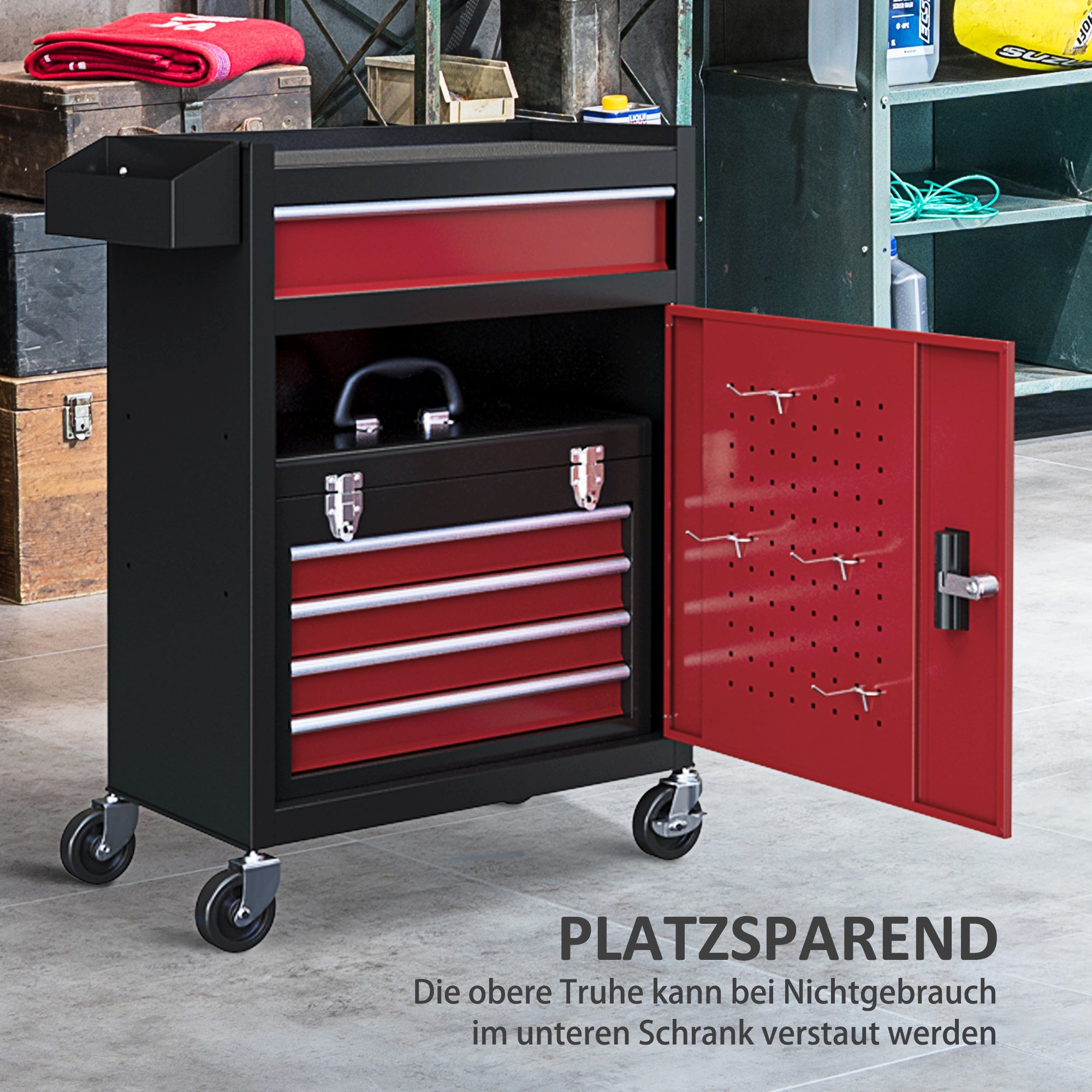 Workshop trolley, 5 drawers, lockable mobile, 130 kg load, steel black and red