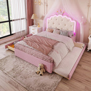Upholstered Bed 140x200cm Pull-out 2 Drawers Ambient LED Princess Design - Pink PU