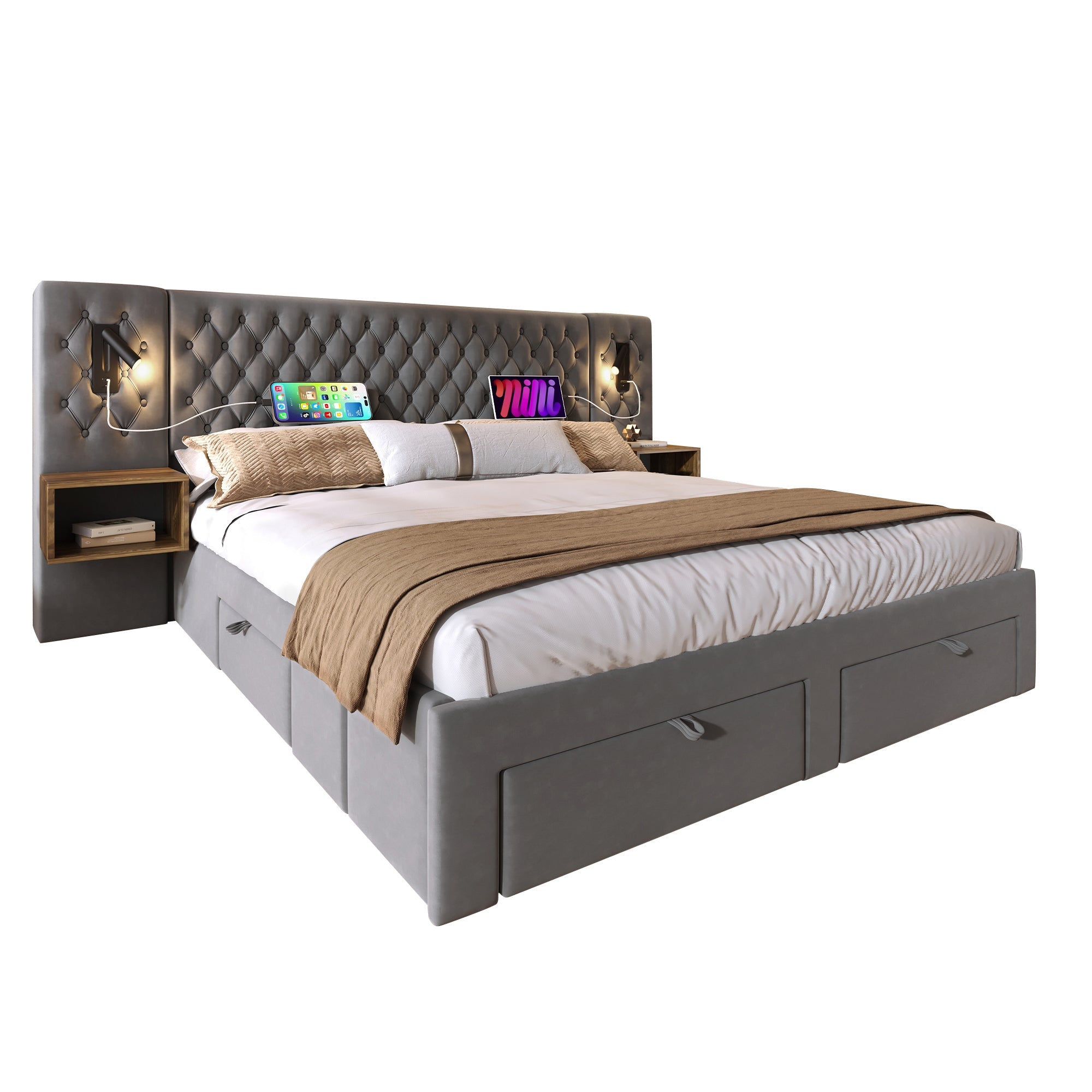 Complete Bedroom Bed Set with 2 Bedside Tables, 4 Drawers, USB and Reading Light, 180x200cm, Grey Velvet