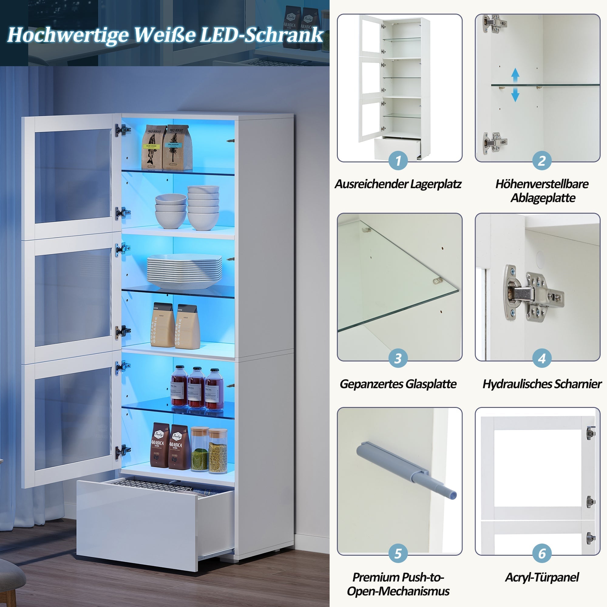 Display Cabinet High-Gloss LED Lighting 3 Glass Shelves, White