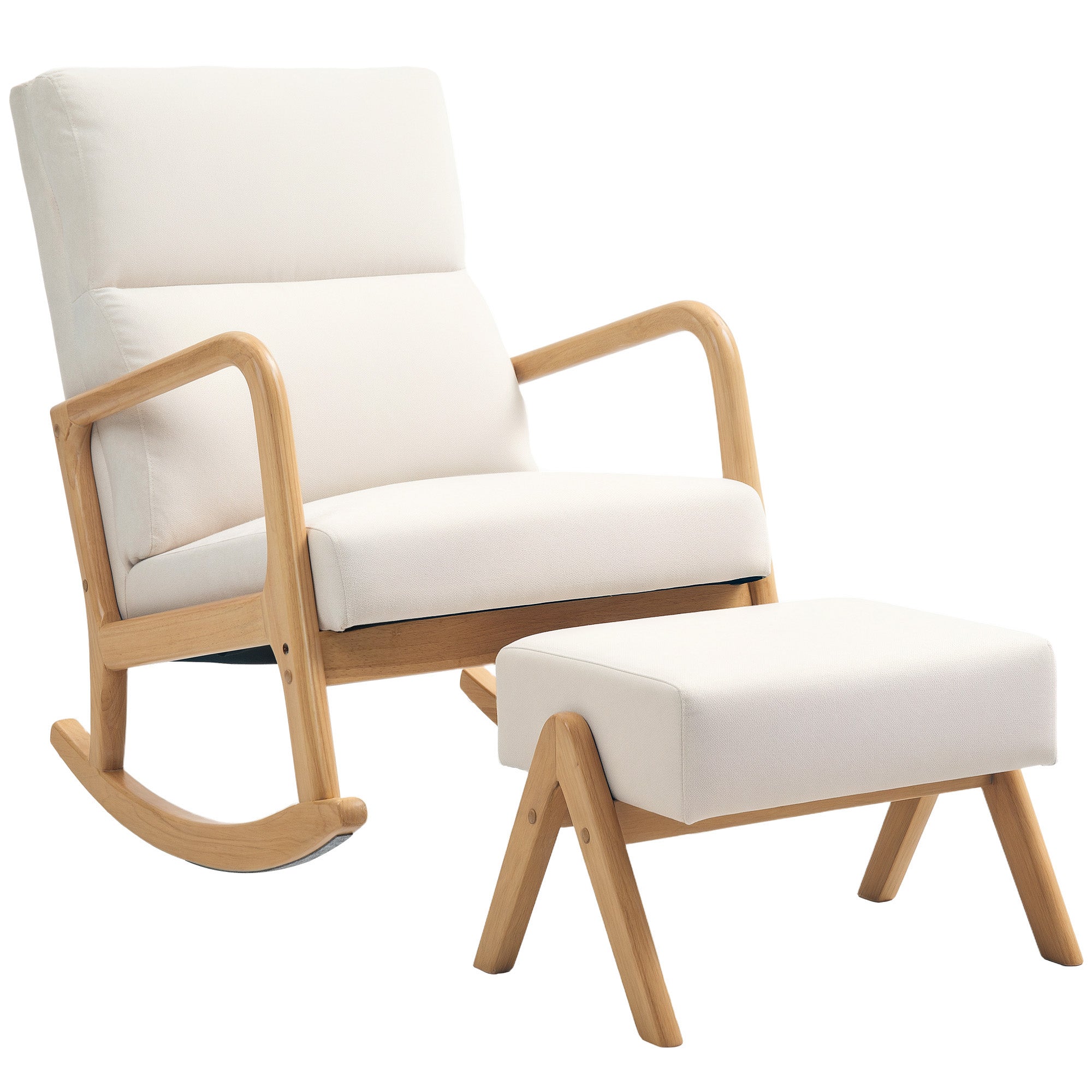 Rocking Chair Footstool Recliner Wooden Legs Linen Look Cream White