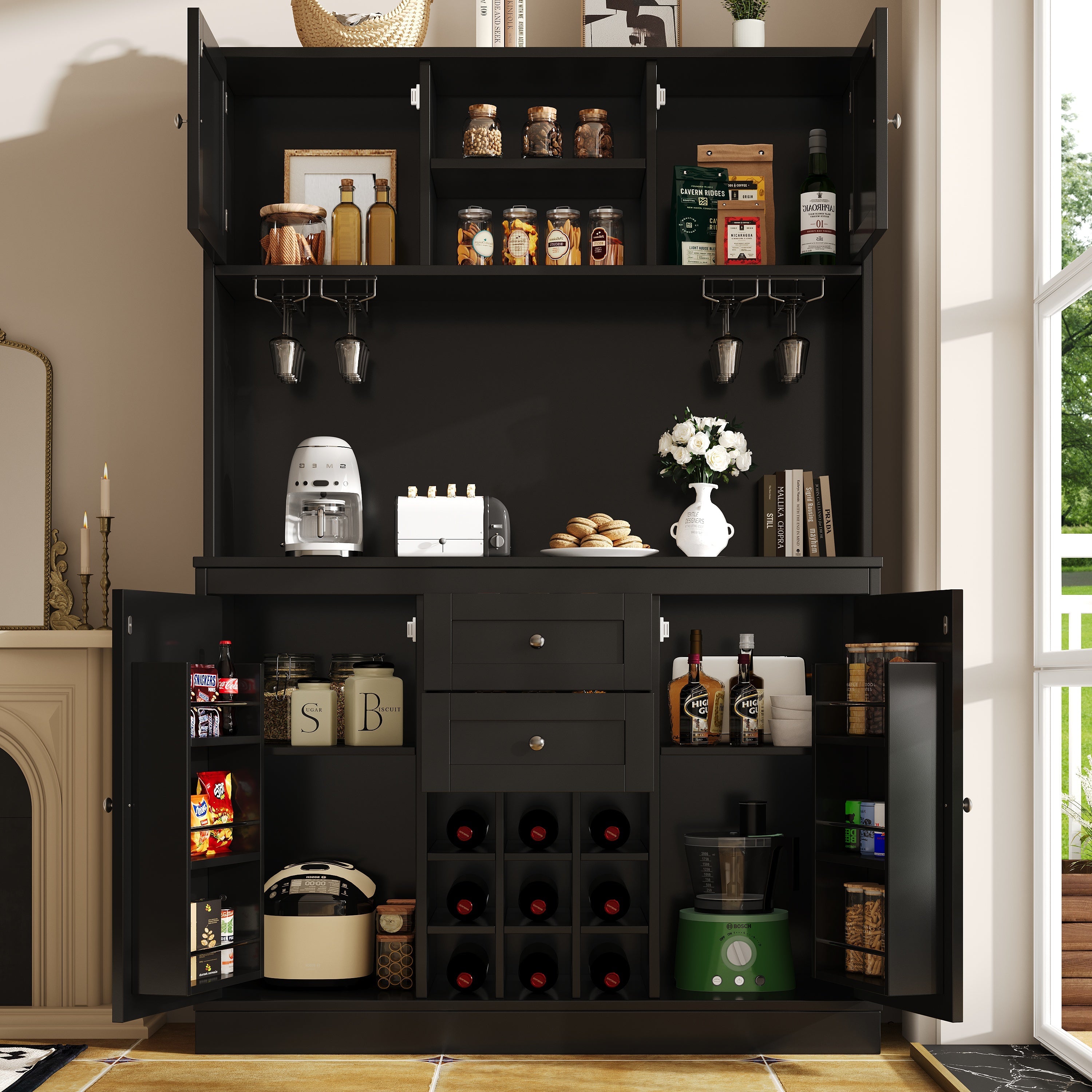 Kitchen Buffet Cabinet with 4 Doors and 2 Drawers, Adjustable Shelves and Wine Rack, Black