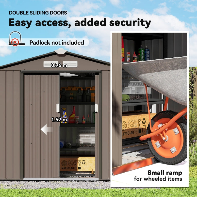 7 x 4ft Garden Shed, Outdoor Storage with Double Doors and Ventilation, Brown Metal