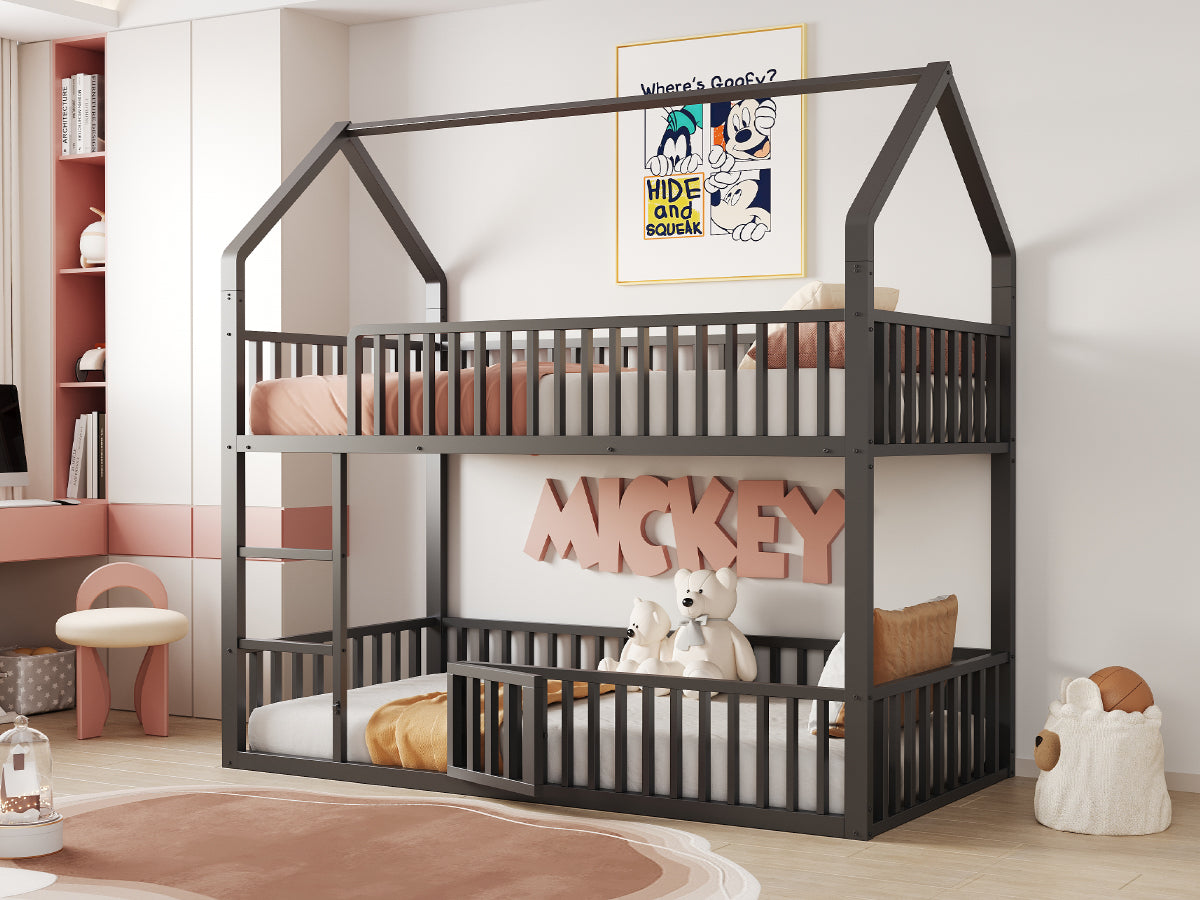 Children's Bunk Bed 90*200, Loft Design with Stairs & Small Door, Metal Black