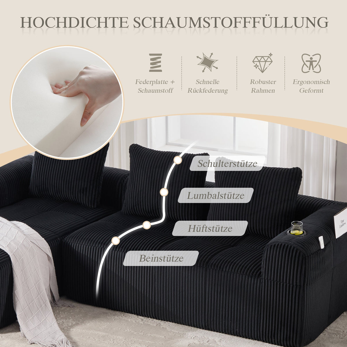 Compact Modular Sofa Side Pocket Cup Holder 3 Cushions - Corduroy Black