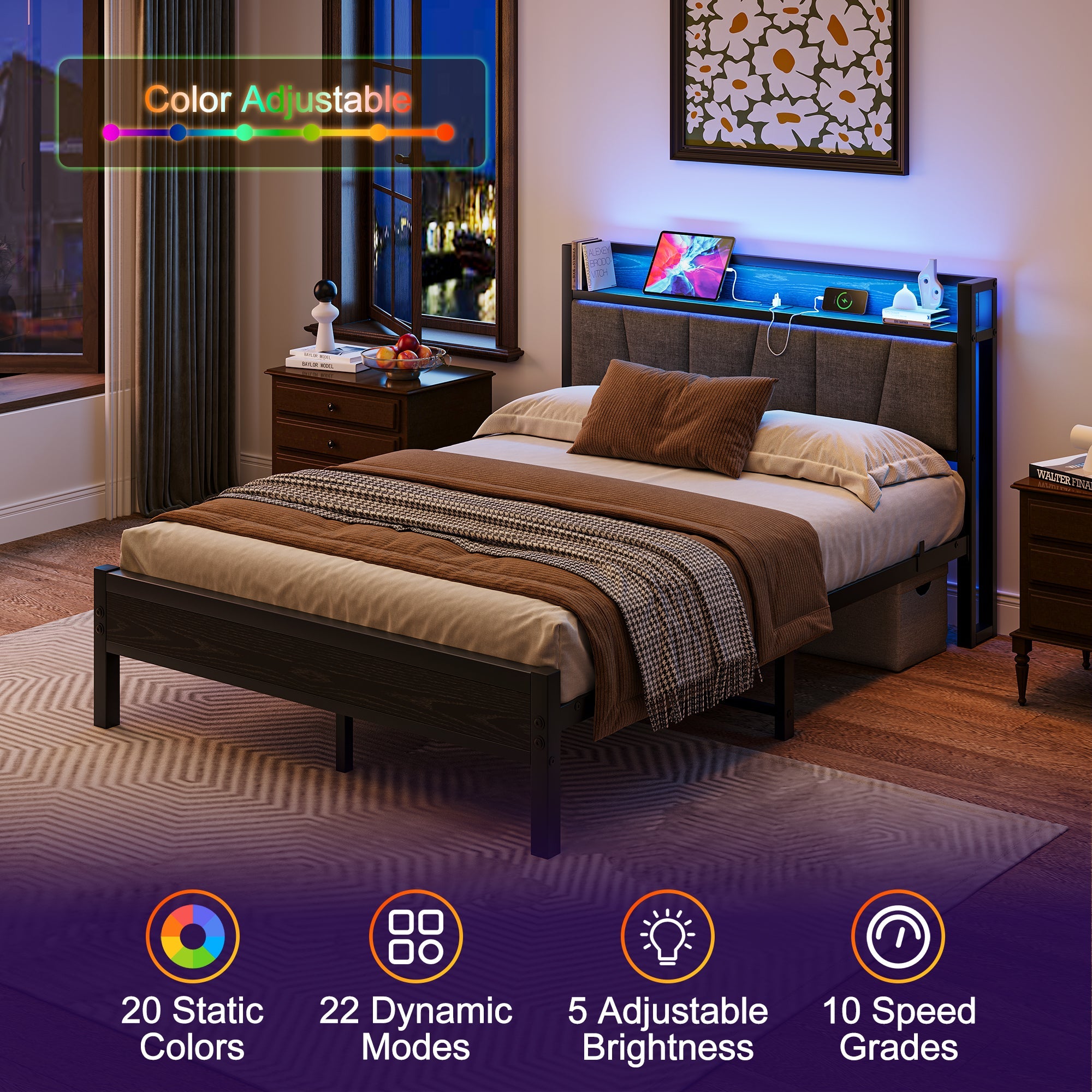 Bed Frame 140x190cm, Smart LED Lights, USB Charging Headboard, Metal