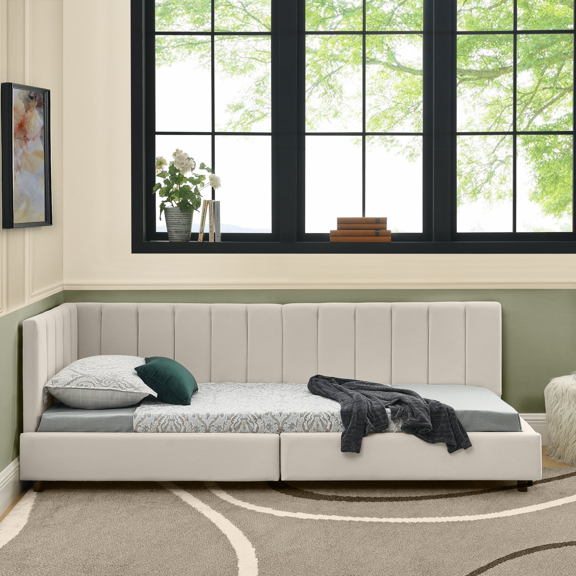 Single Bed 90x200cm High Backrest, Velvet Beige
