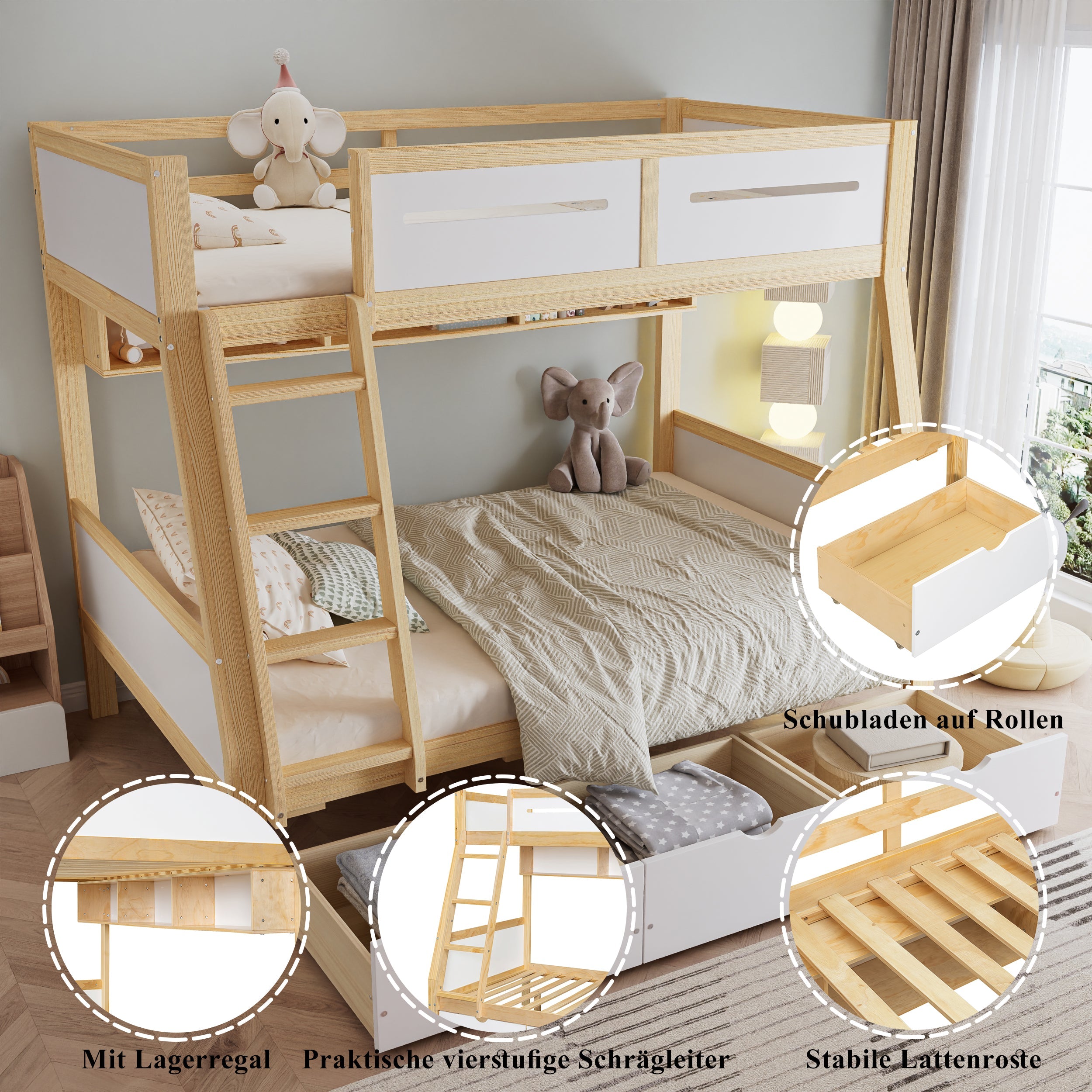 Bunk Bed, 3 Drawers, Book Stand, Fenced, Stepladder, Pine + MDF + Plywood, White + Natural