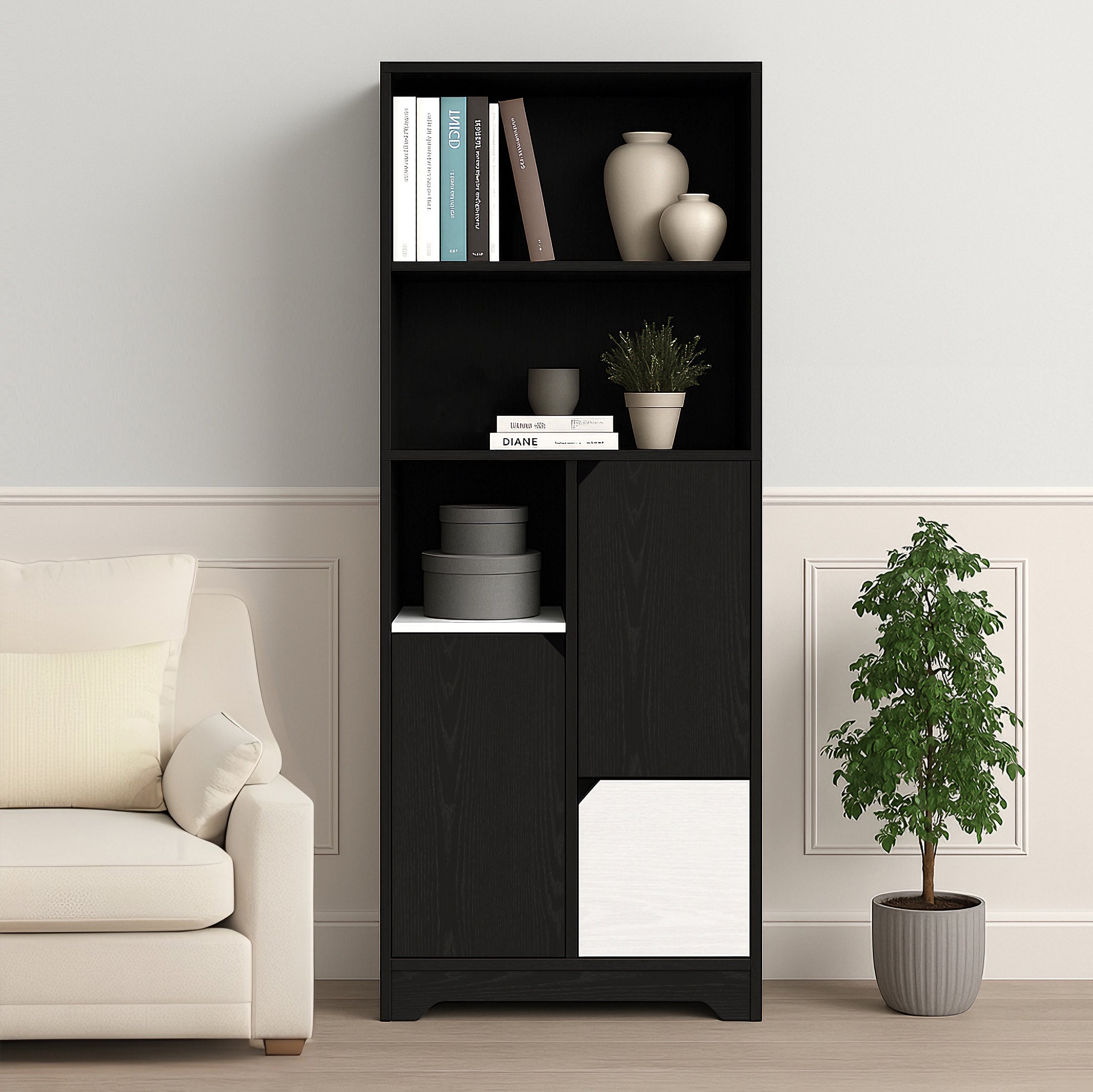 Multifunctional Bookcase with Open Storage, Doors & Drawers - Black/White