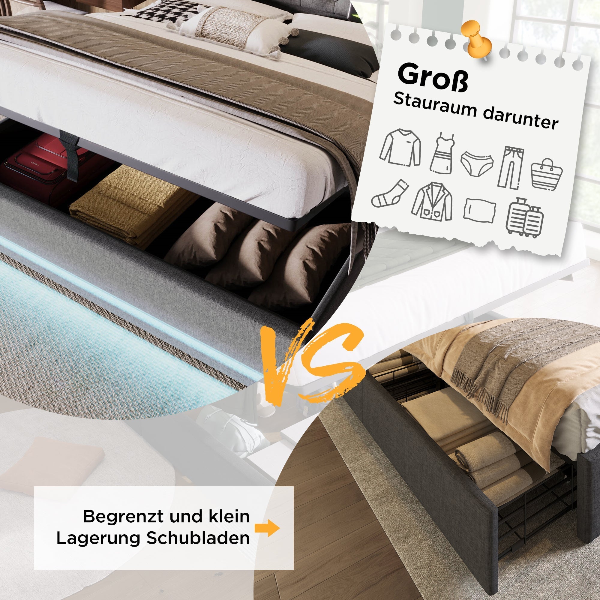Upholstered Bed, Double 160x200cm Hydraulic Storage with USB & LED, Gray Cotton