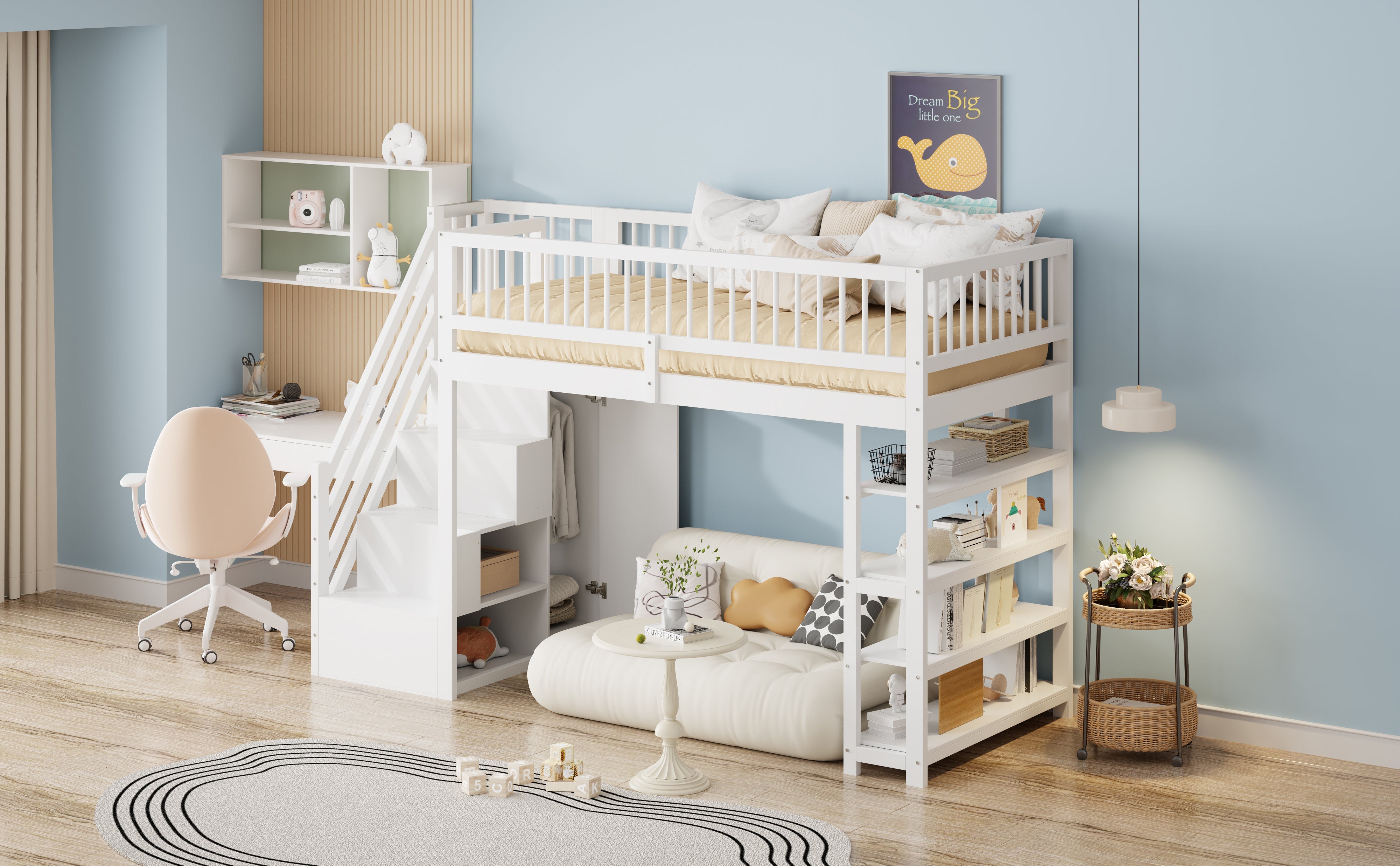 Loft Bed, 90x200 Multifunctional with Wardrobe, Shelves, Ladder, Solid Wood, White