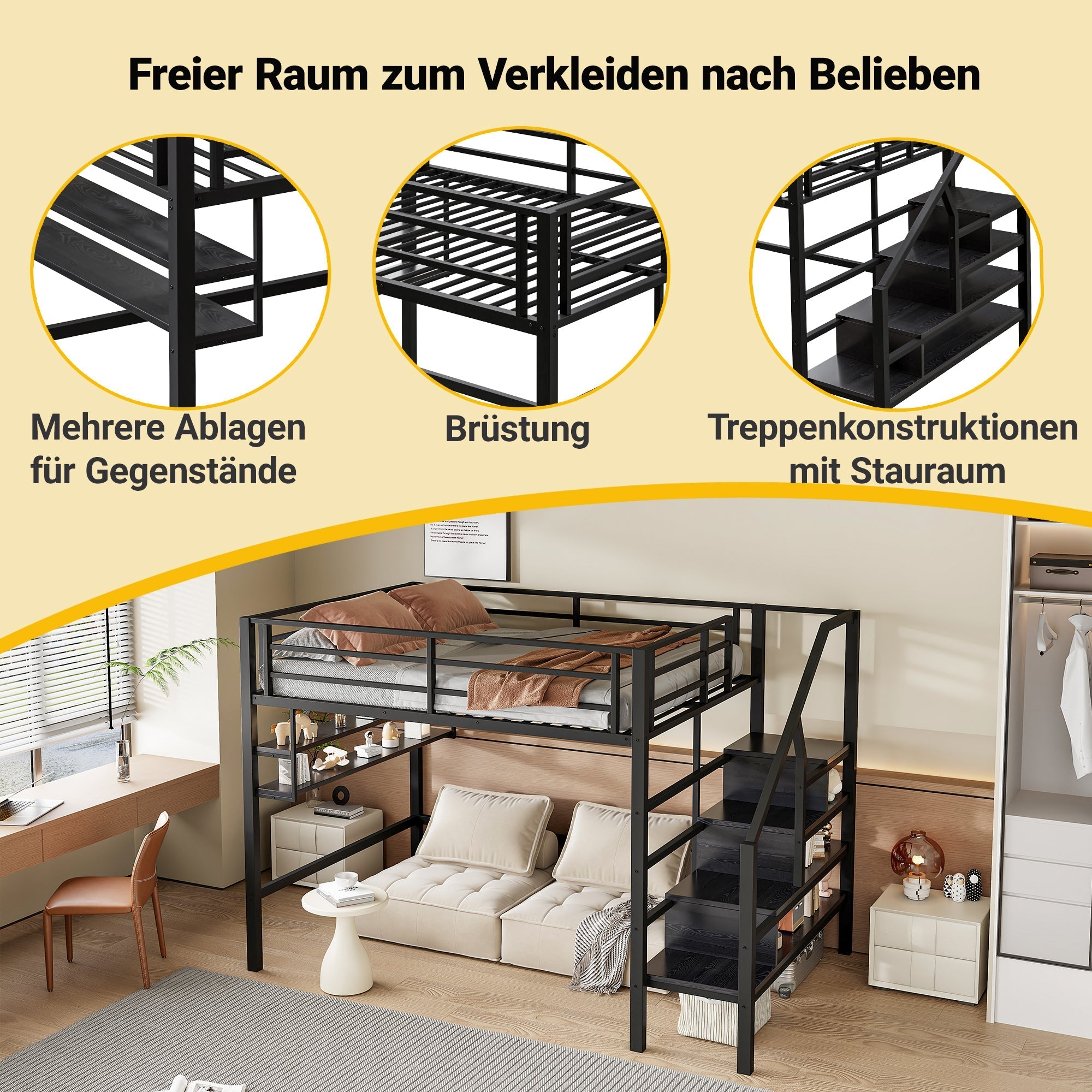 Loft Bed 140x200cm Storage Ladder Shelves Railing Black