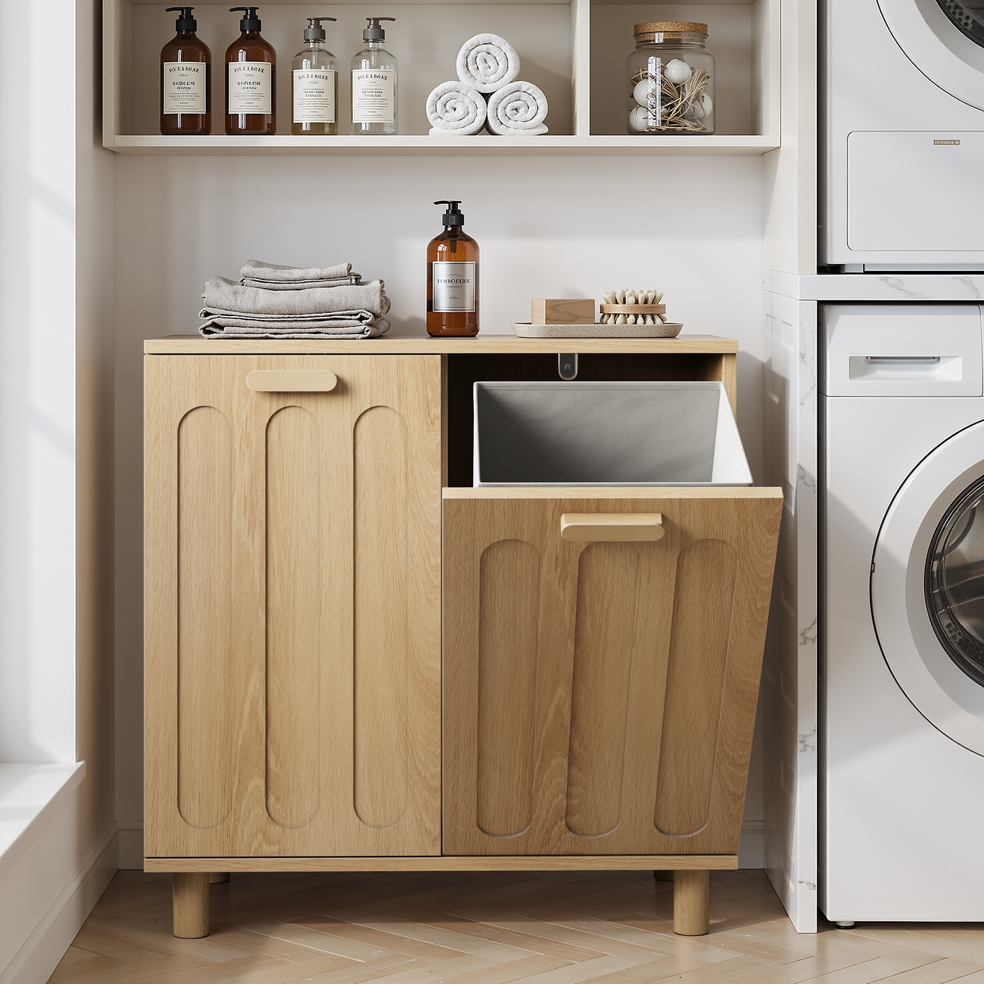 Tilting Laundry Basket with Removable Hamper and Freestanding Storage Shelf, Oak Color