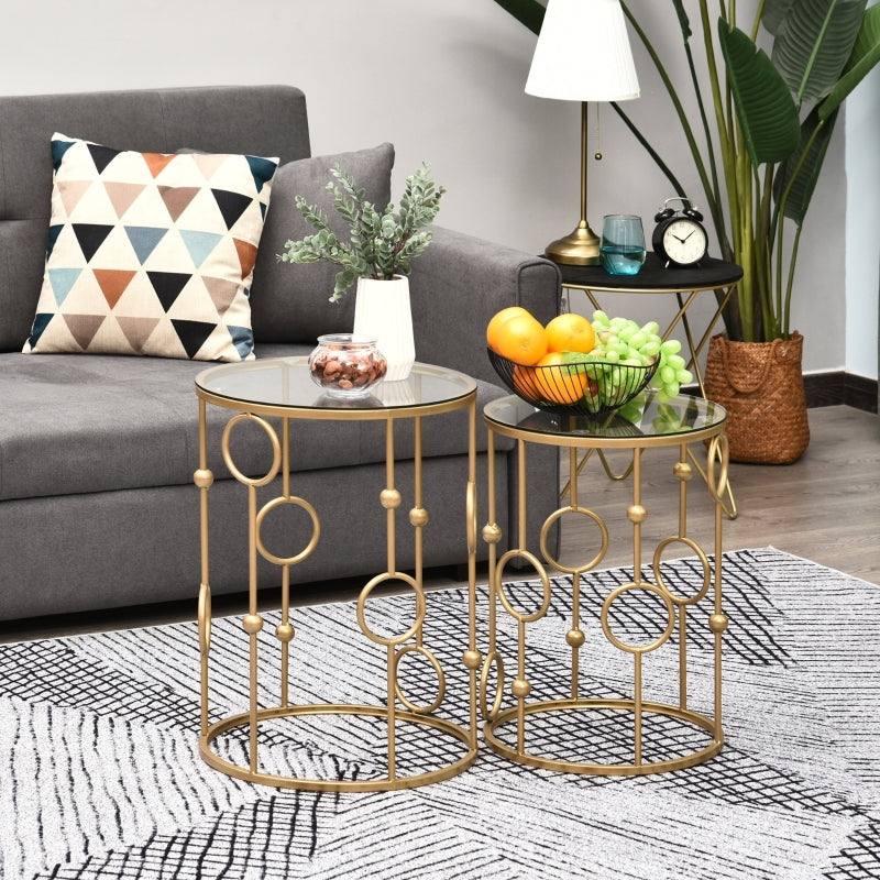 Set of 2 Coffee Tables, Glass Tops, Hoop and Ball Design, Gold