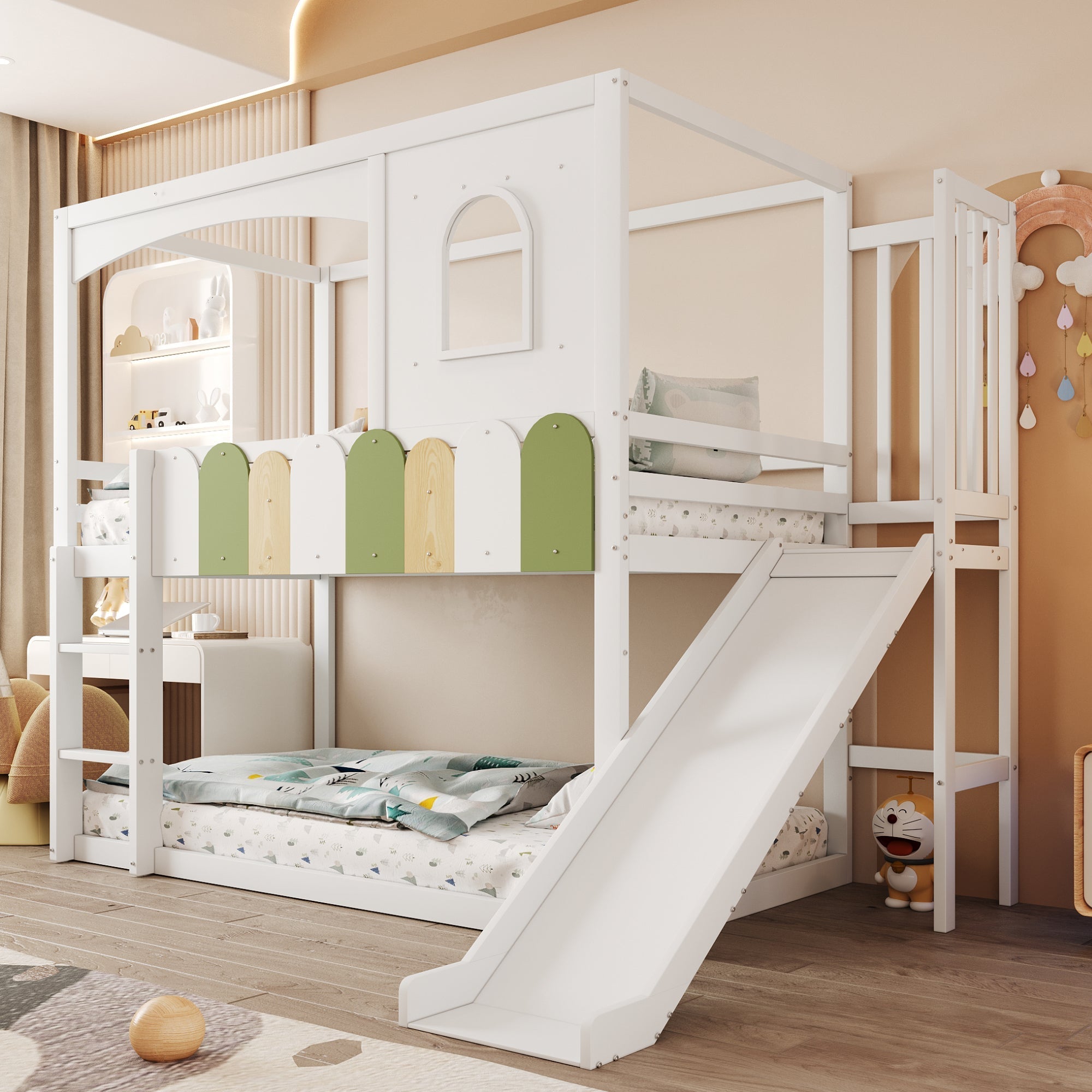 Children's House Loft Bed 90x200cm with Slide Safety Ladder White