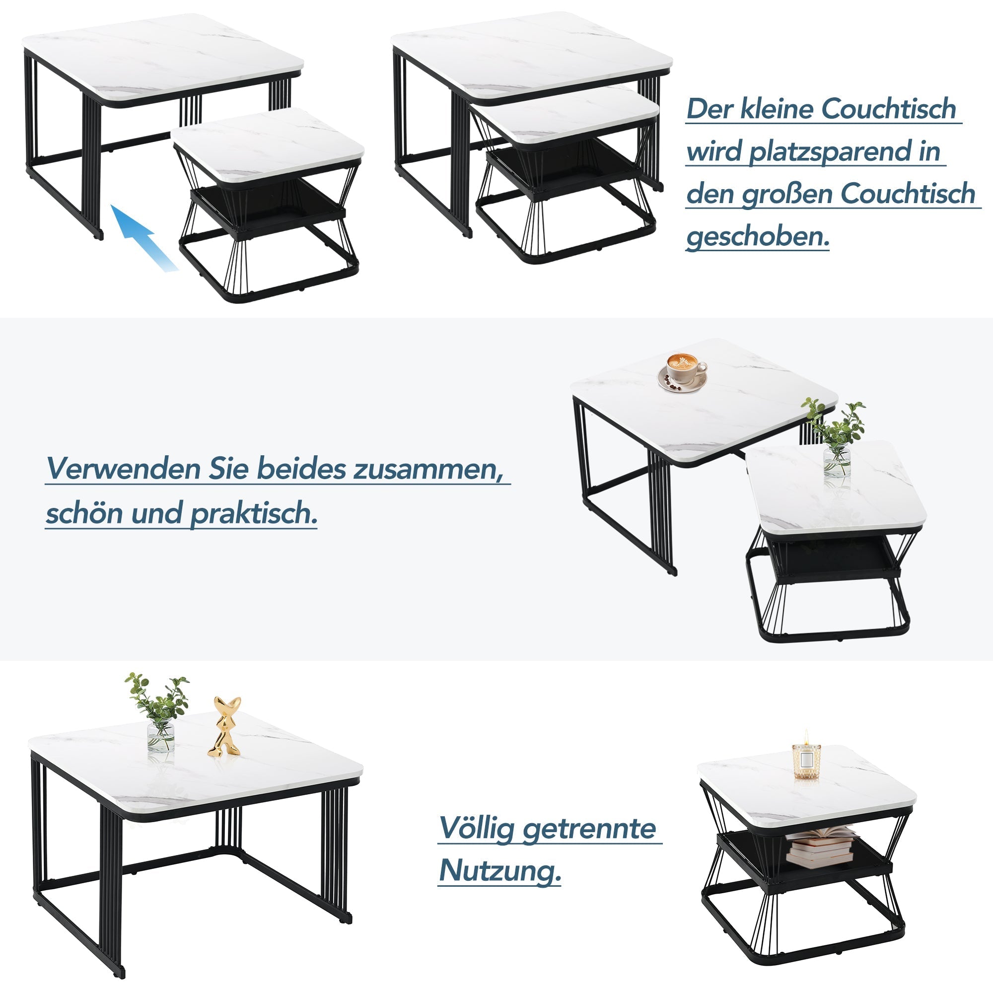 Set of 2 Modern Side Tables Marble Look Steel Frame - White/Black
