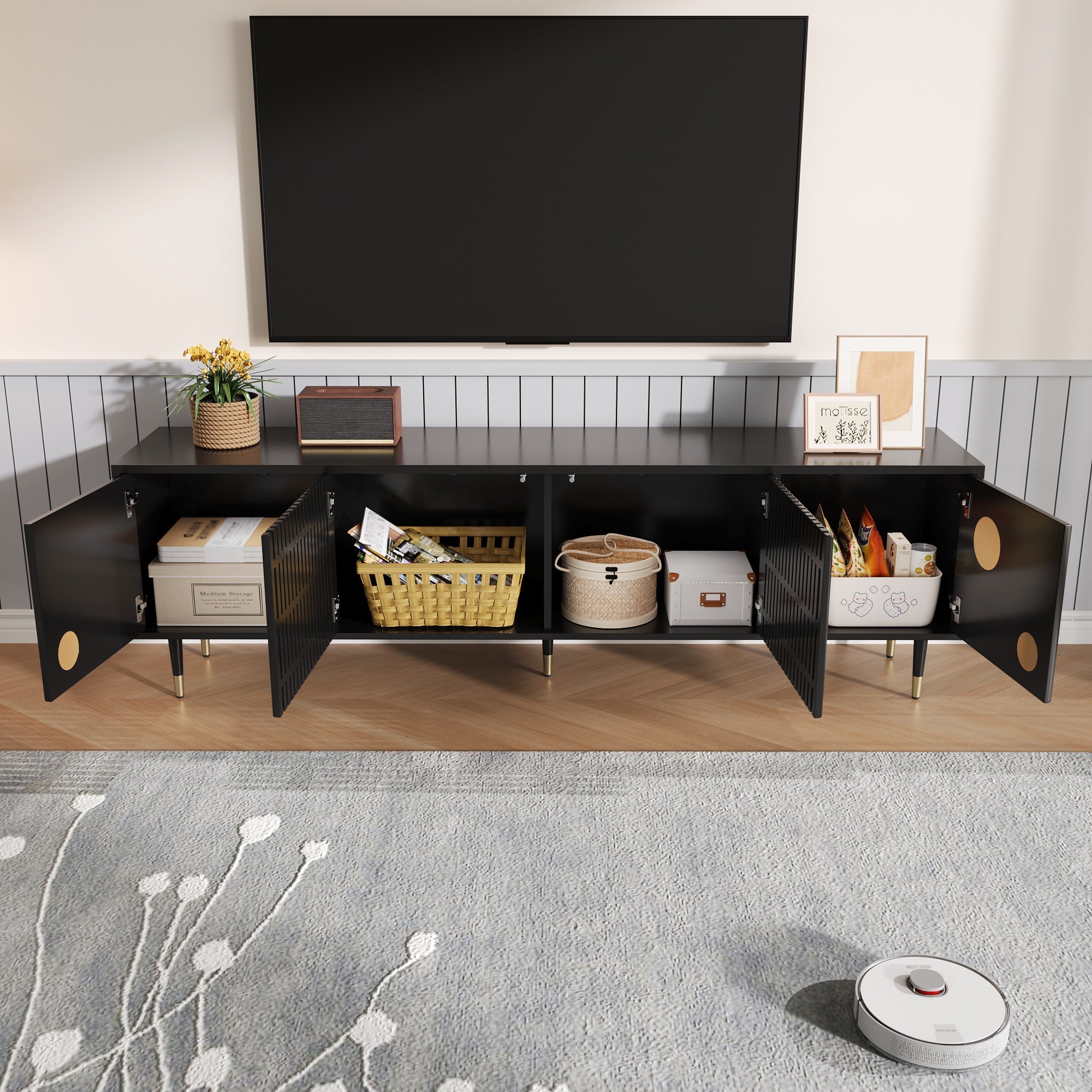 TV Cabinet, Lattice, Hidden Handles, Gold Decor, Solid Wood