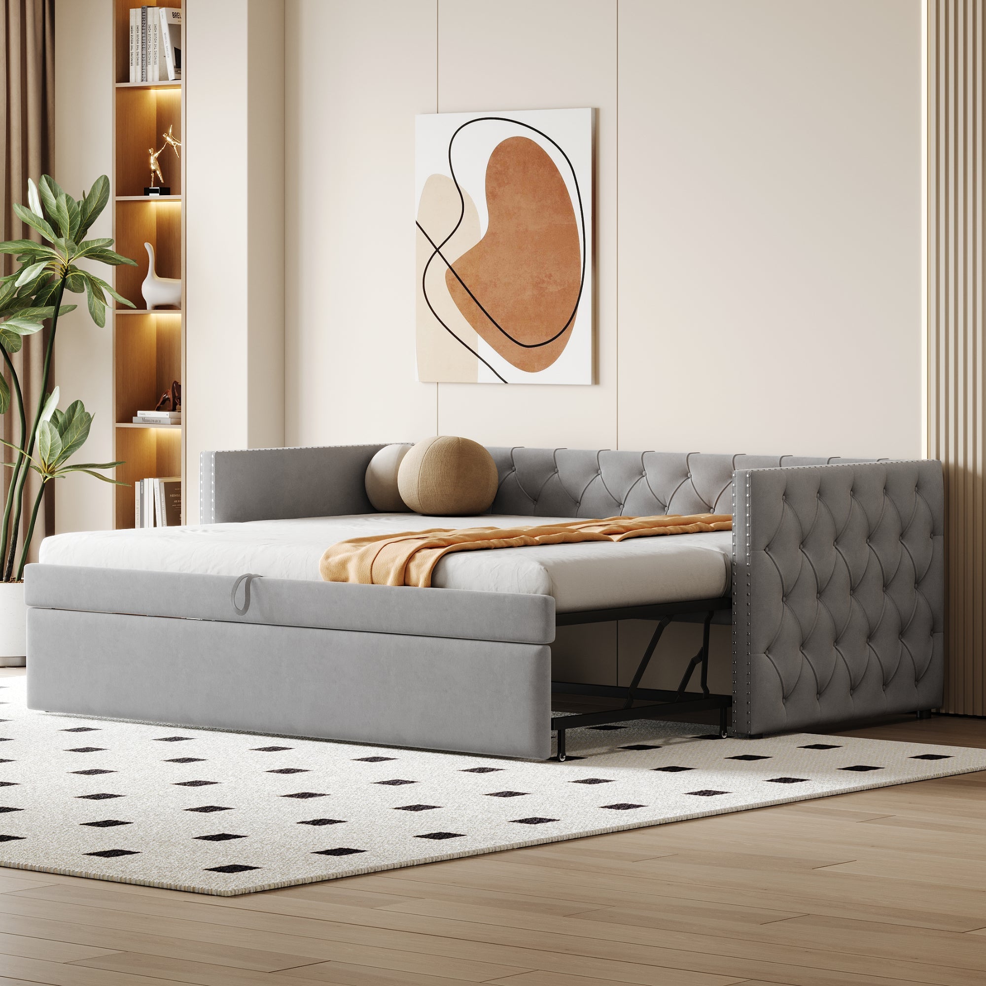 Extendable Sofa Bed with Slatted Base and Guest Bed Function, 90x200cm, Light Grey Velvet