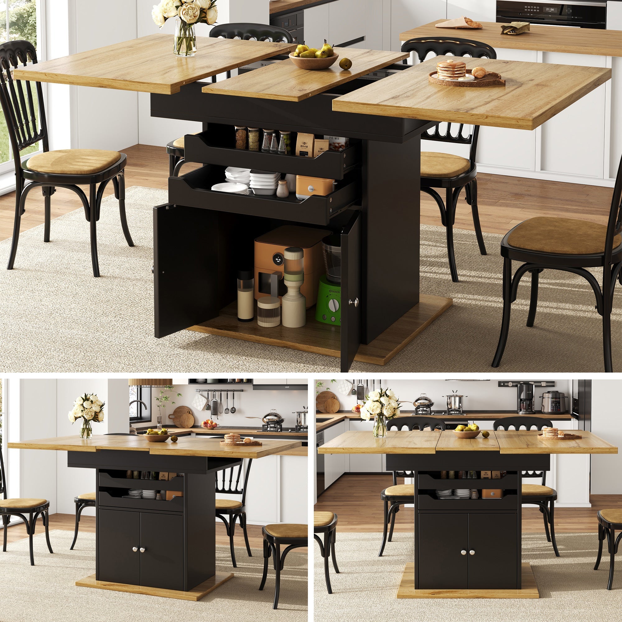 Telescopic Dining Table, Extendable Foldable 4-6 Person Storage, MDF Metal