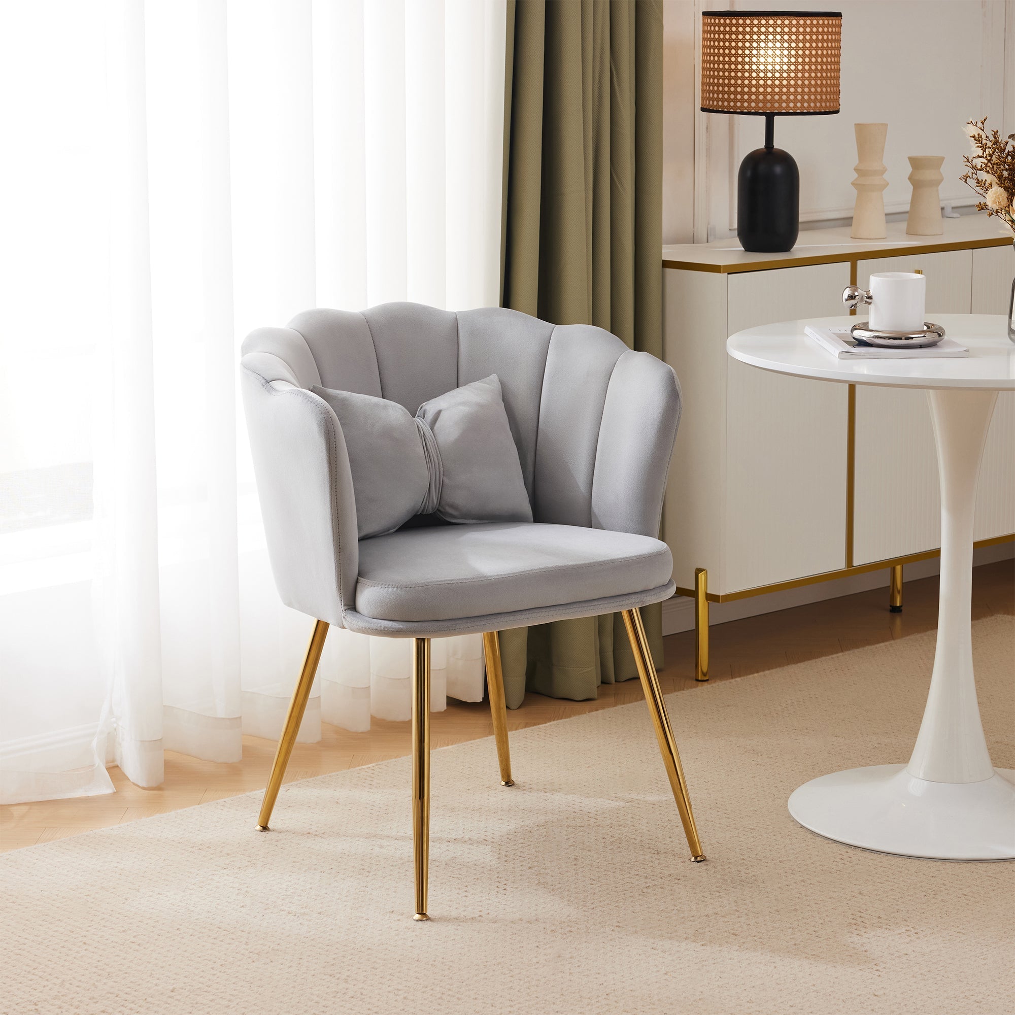Modern Armchair, Velvet Upholstered Petal Back with Gold-Plated Metal Legs