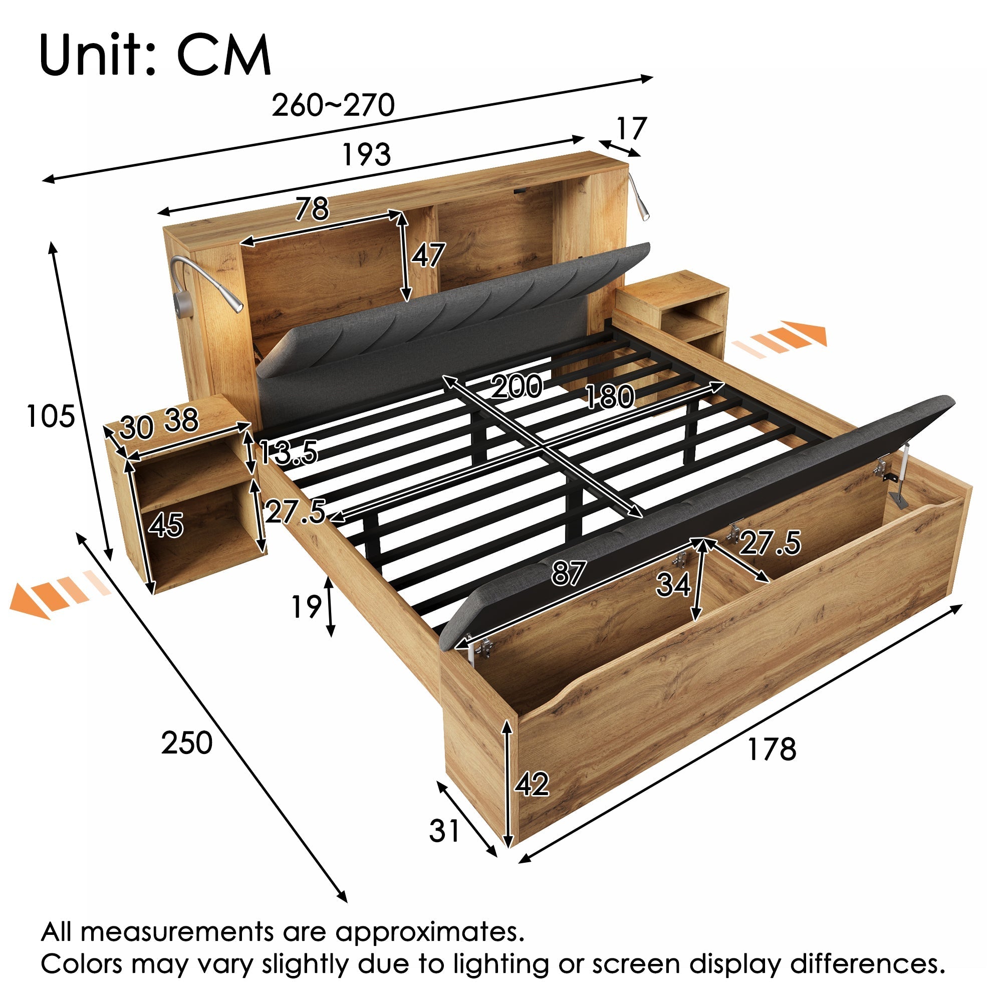 Double Bed 180x200cm with Fold-Down Headboard, Storage, Nightstands, Bed Bench and USB Lamps, Oak Color