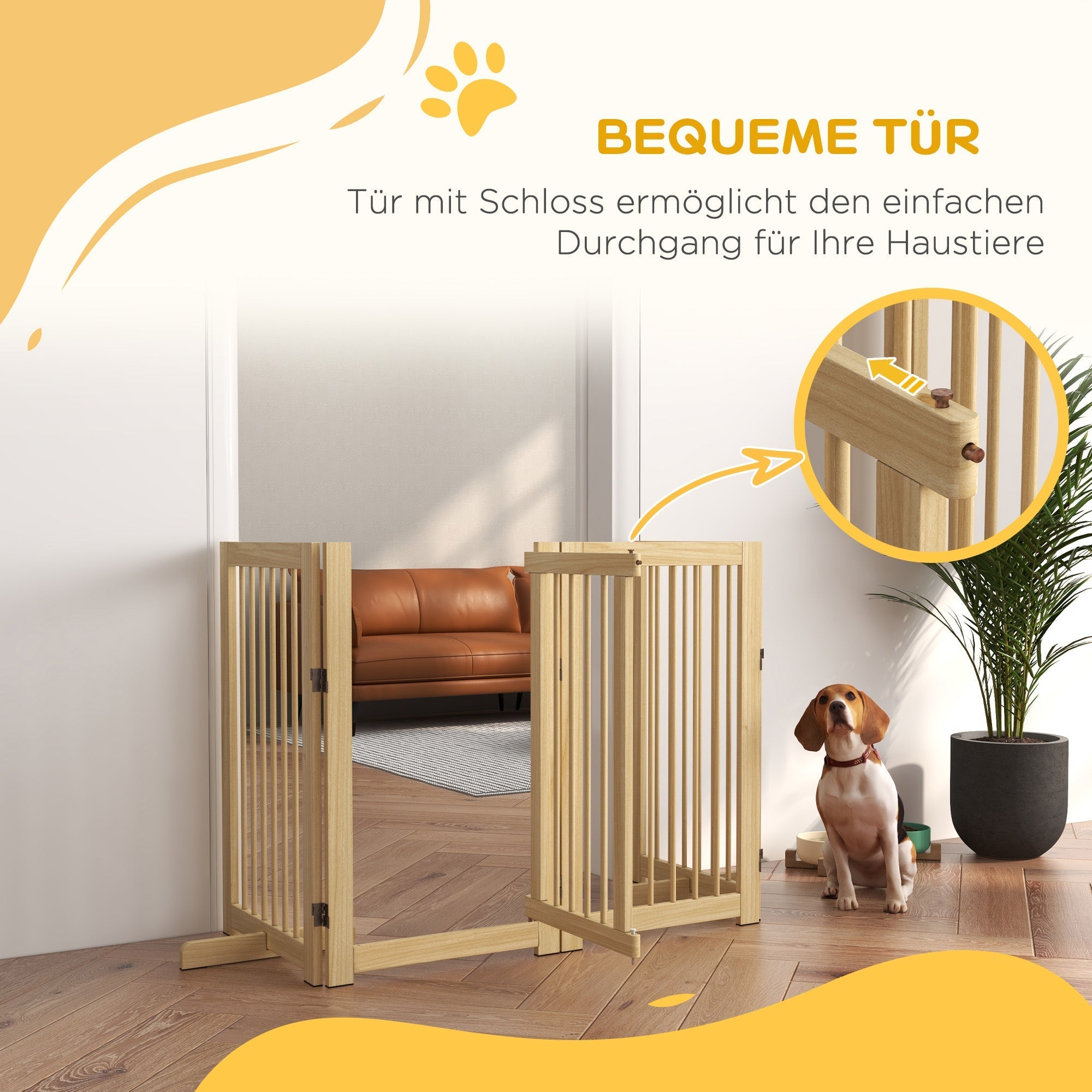 Dog Safety Gate, 4-Piece Foldable Freestanding Door, Wooden