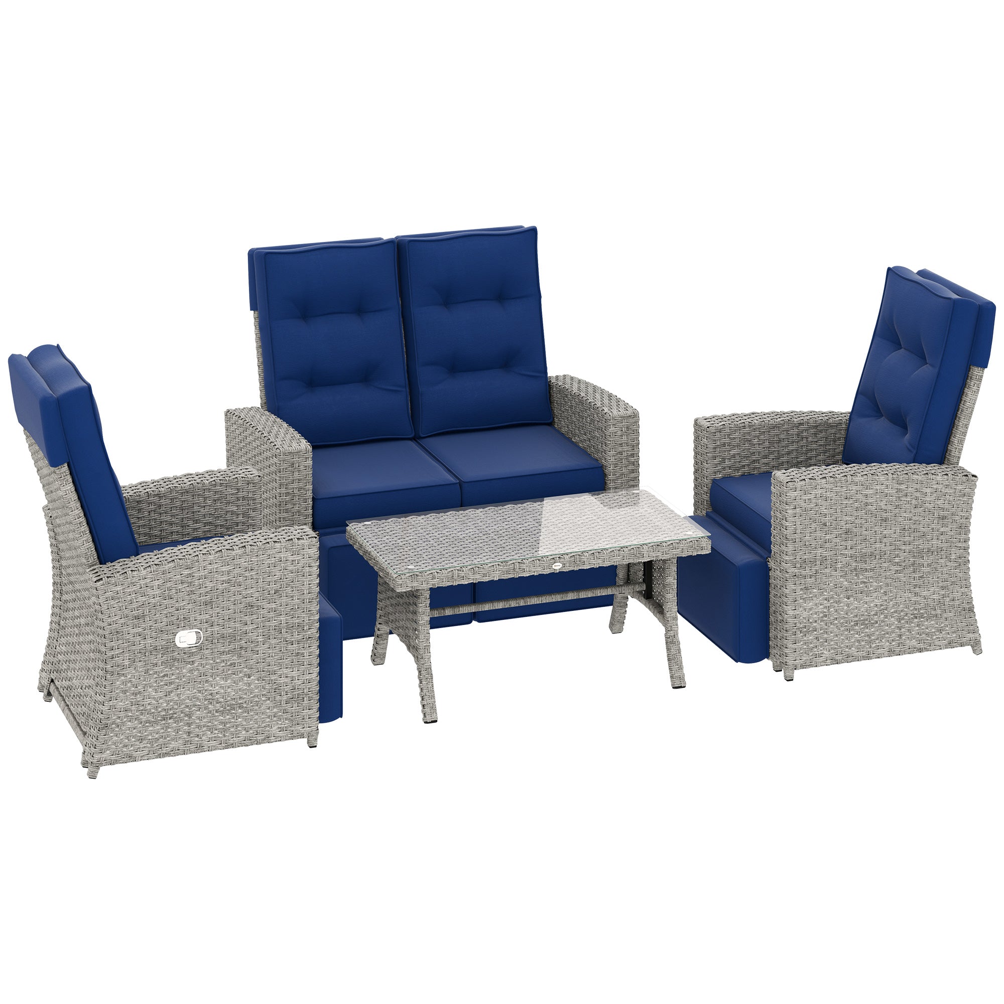 4 Piece Rattan Garden Furniture Set with Glass Top Table, Navy Blue