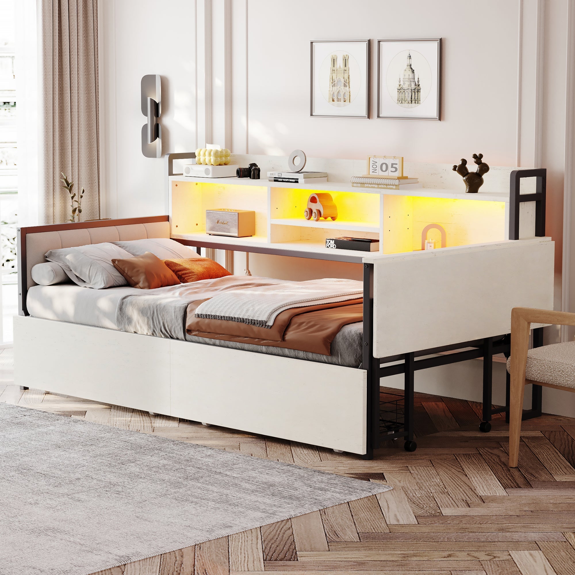 Iron Sofa Bed 90x200cm LED Storage Drawers Fold-Out Desk White