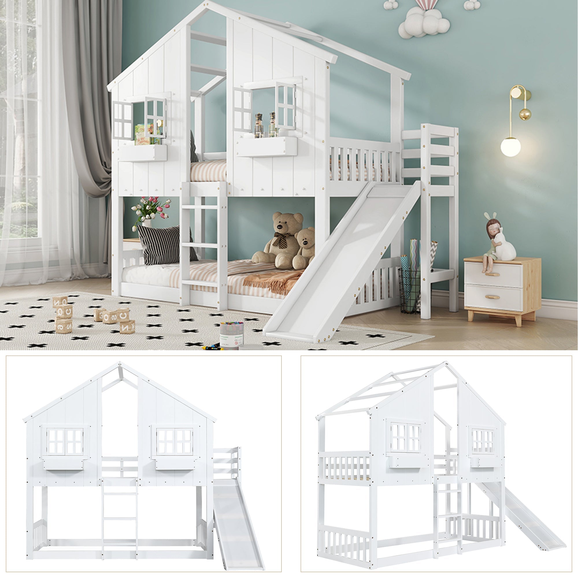 Bunk Bed with Slide, Roof & Window, Safety Gate, 3-Step Ladder, Pine + MDF, White, 90x200cm
