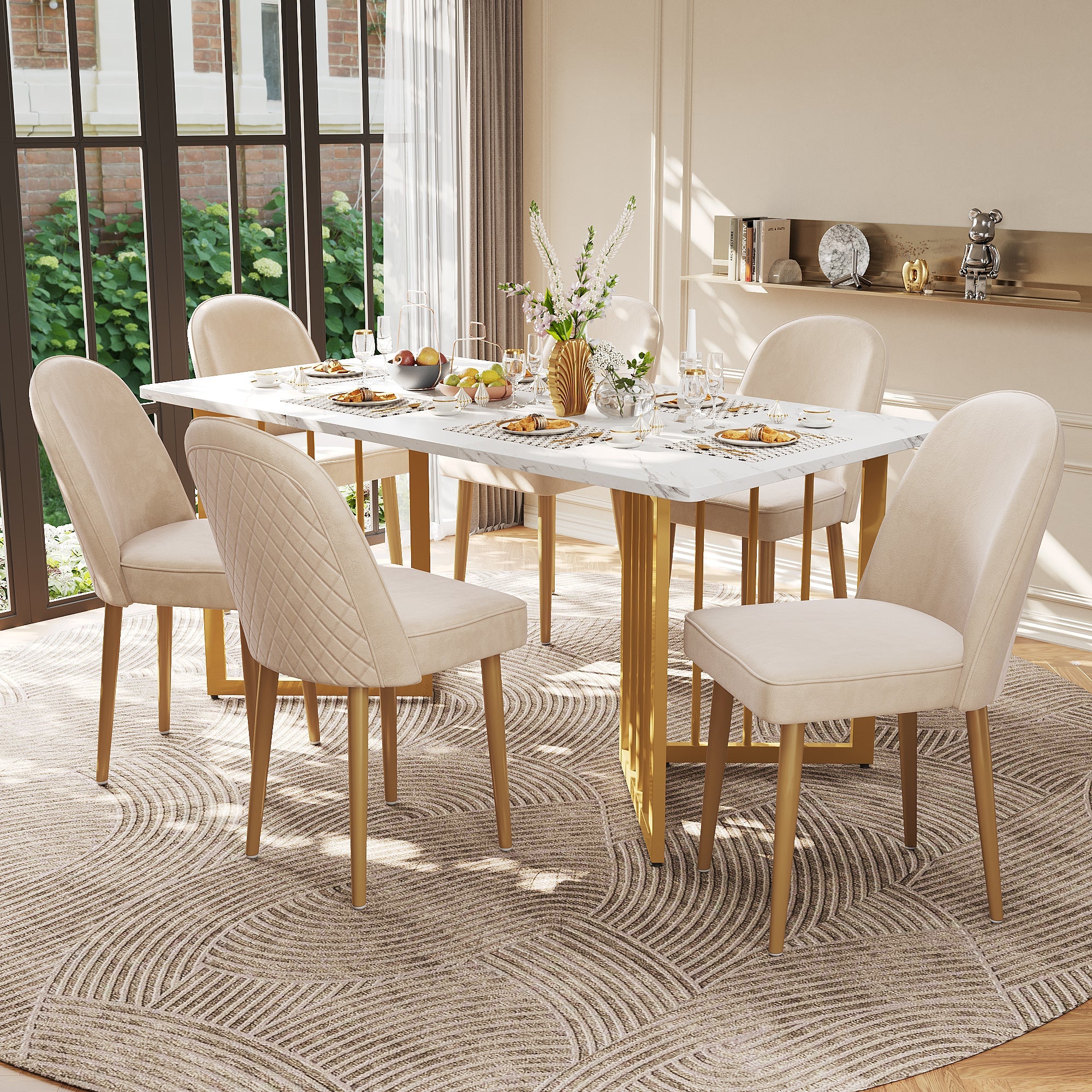 Dining Chairs, Modern Velvet with Golden Metal Legs, Beige (Set of 4)