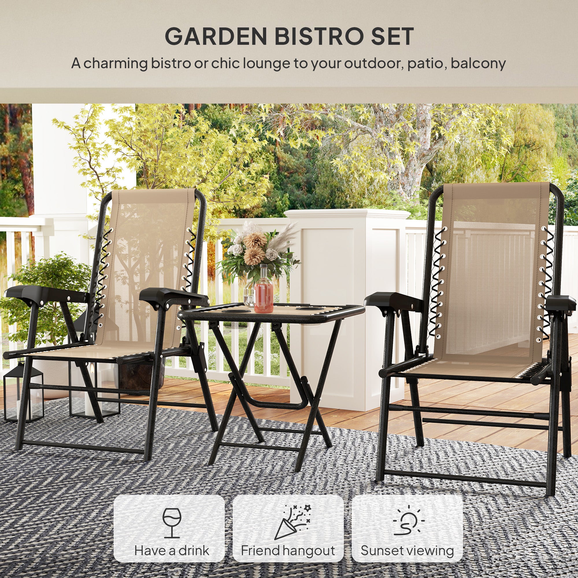 Three-Piece Garden Table and Chair Set Folding Bistro Set Khaki