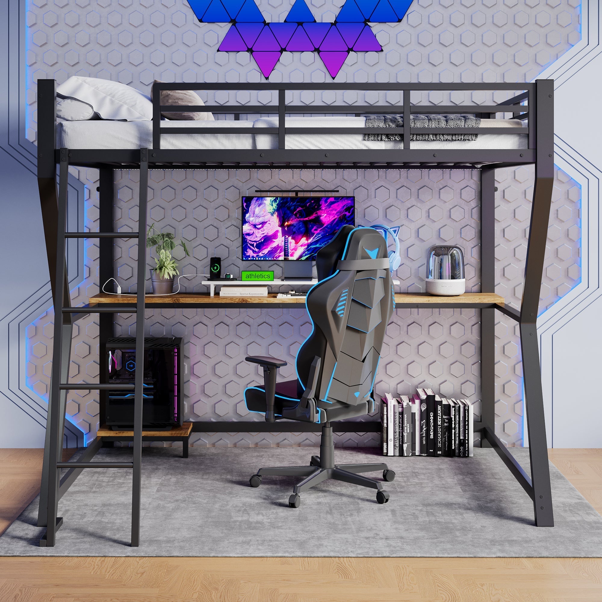 Loft Bed 90x200cm with Desk Storage Stairs LED Lights & USB Port Black