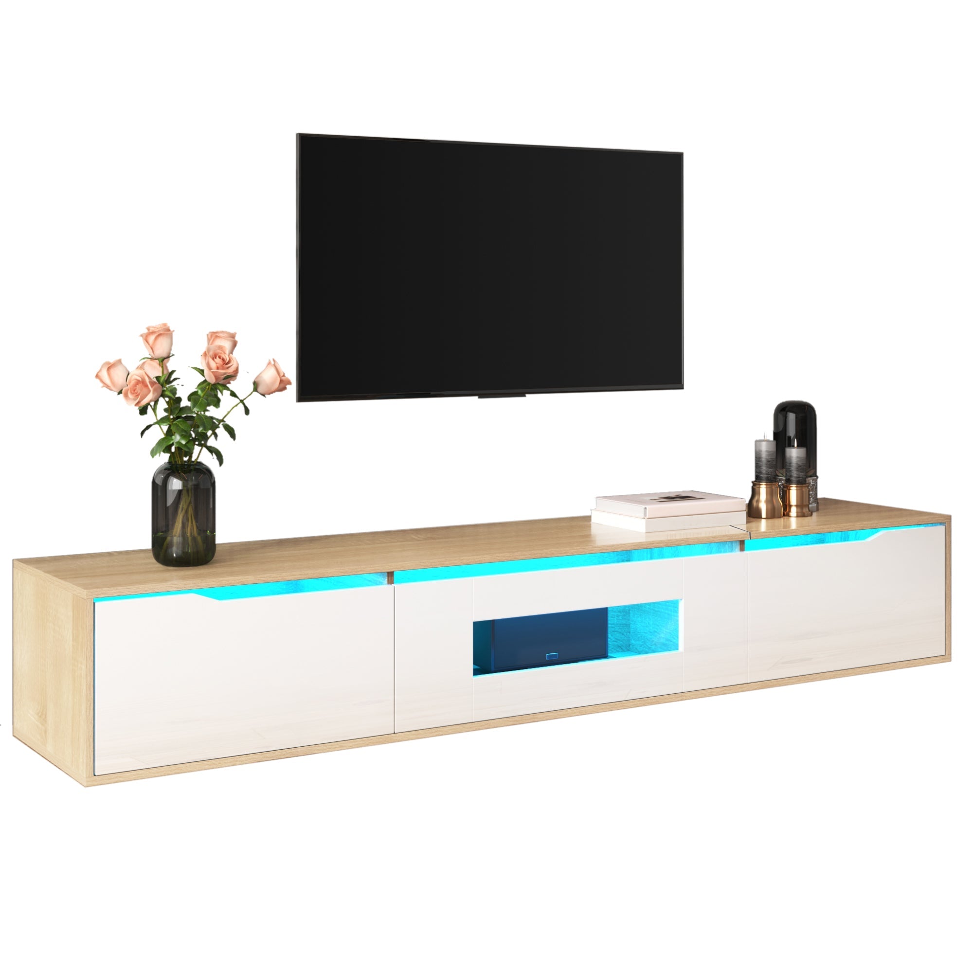 TV cabinet, high gloss, white and wood color, with color changing LED light