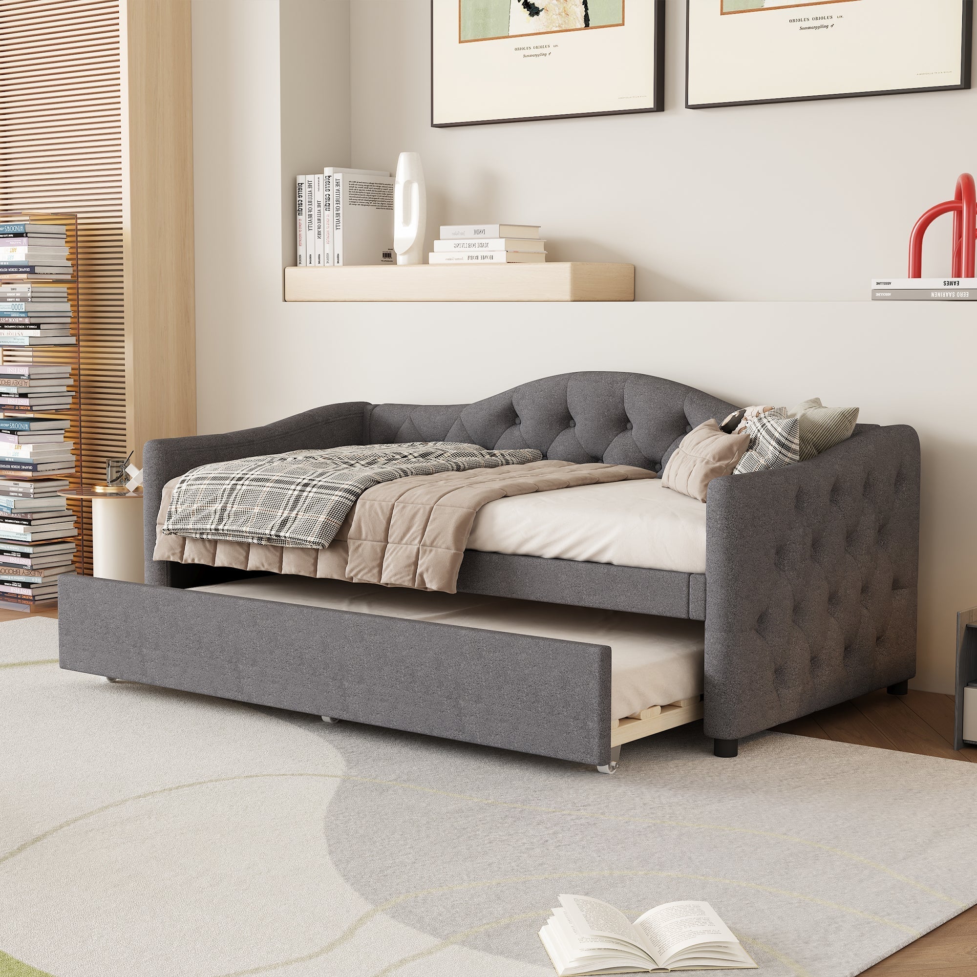 Daybed Sofa Bed 90x200cm Pull-out Bed Minimalist - Linen Grey