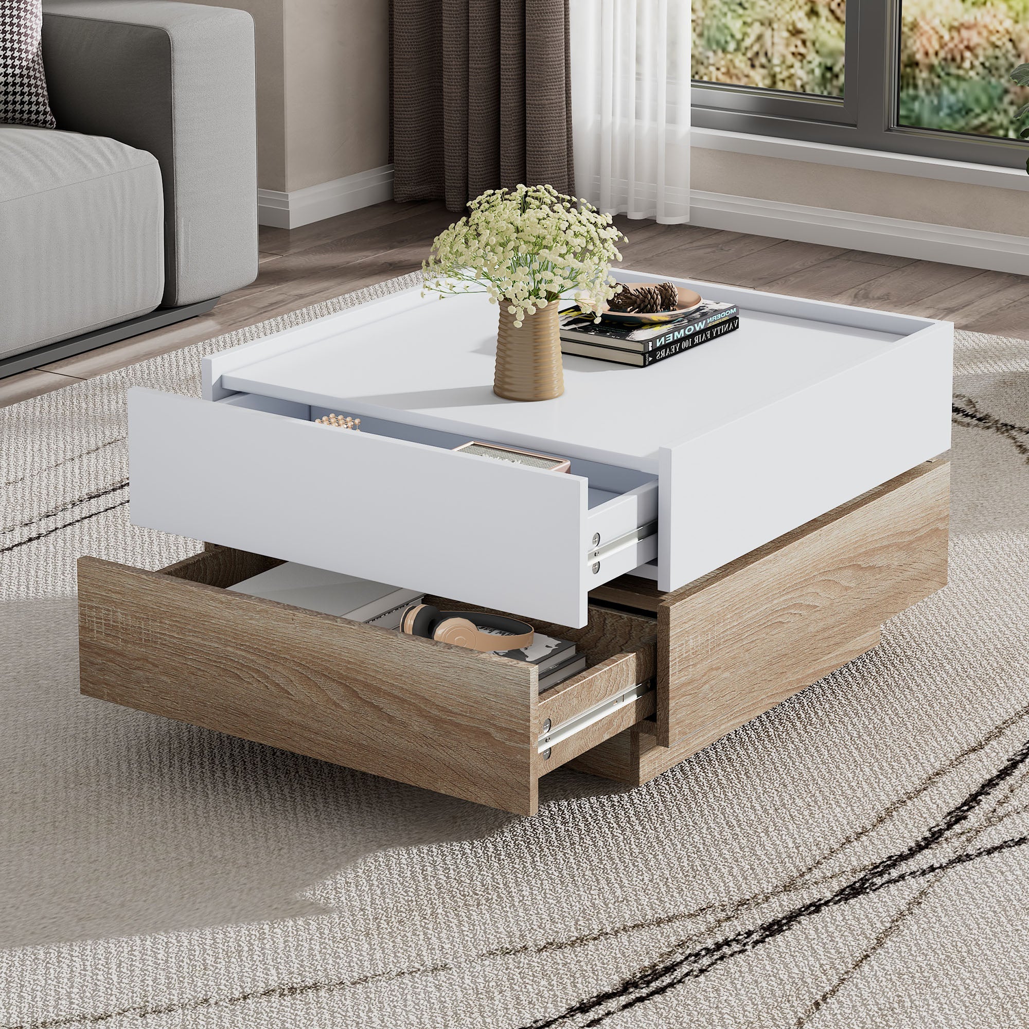 Functional coffee table, 360° rotatable with 2 levels storage, walnut frame white
