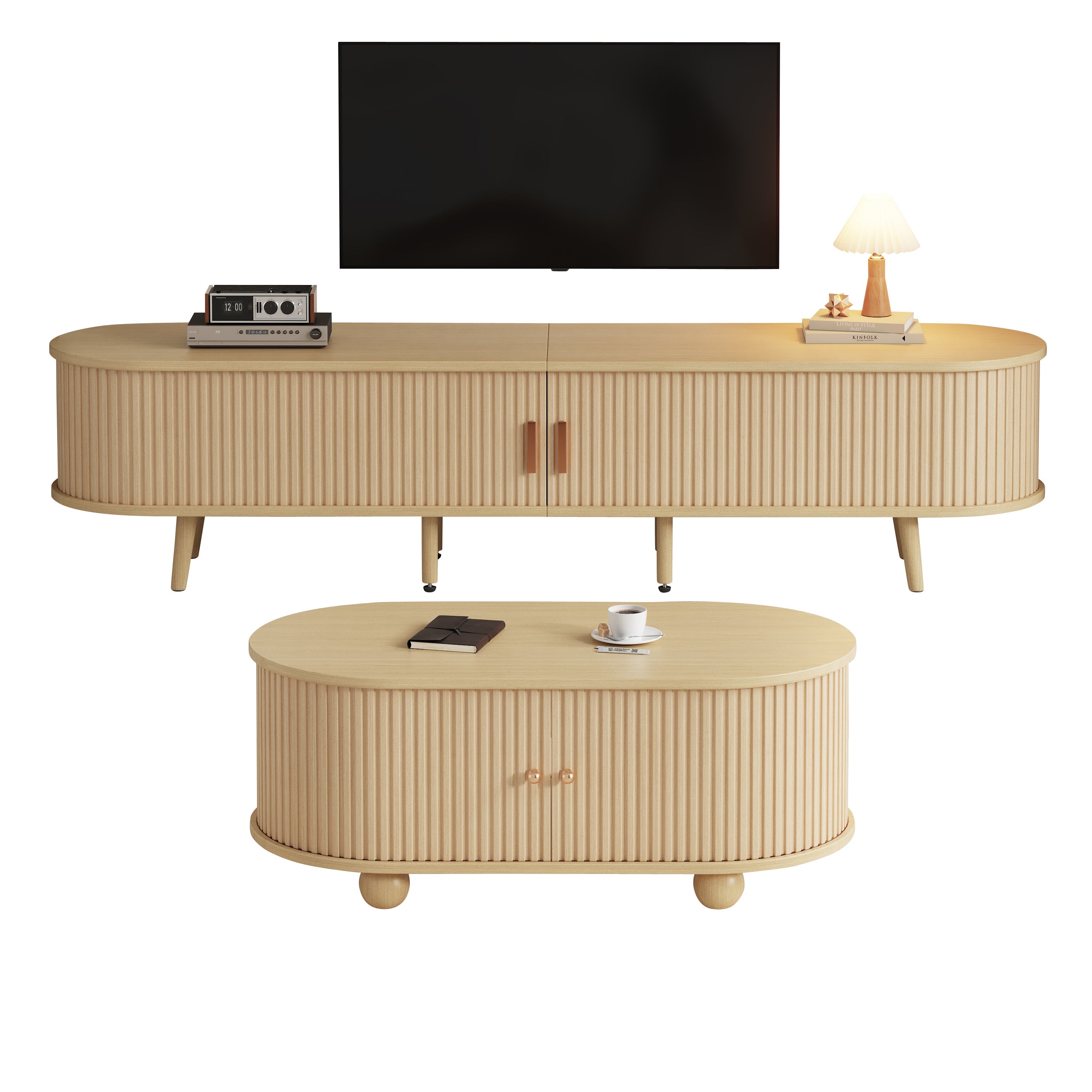 TV Cabinet & Coffee Table Set, Oval Combination Storage, Original Wood Color MDF